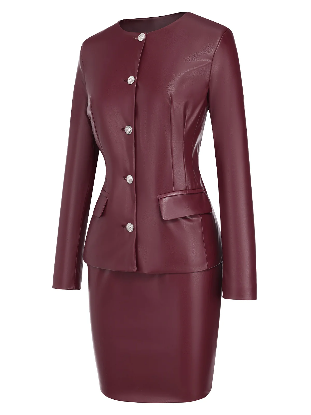 2PCS Wine Red 1960s Solid Leather Top & Pencil Skirt - Image 3