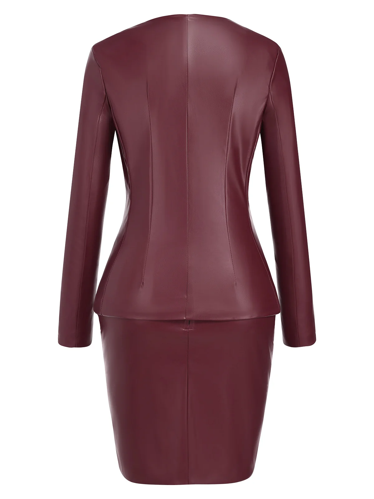 2PCS Wine Red 1960s Solid Leather Top & Pencil Skirt - Image 4