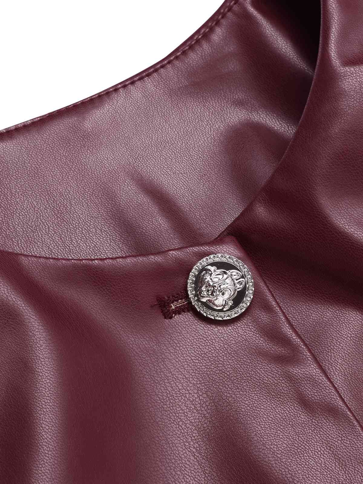 2PCS Wine Red 1960s Solid Leather Top & Pencil Skirt - Image 6