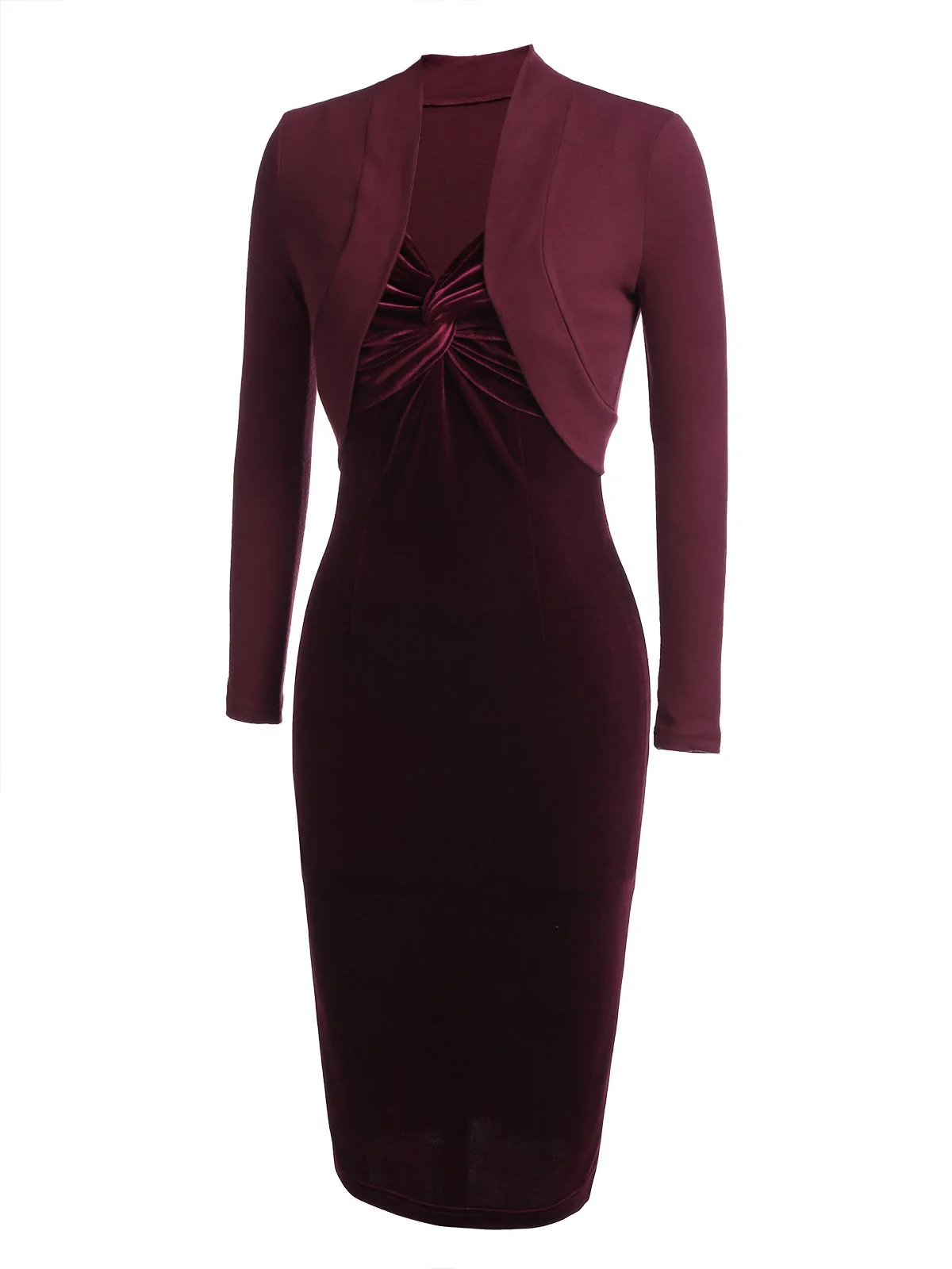 2PCS Wine Red 1960s Velvet Bodycon Dress - Image 3