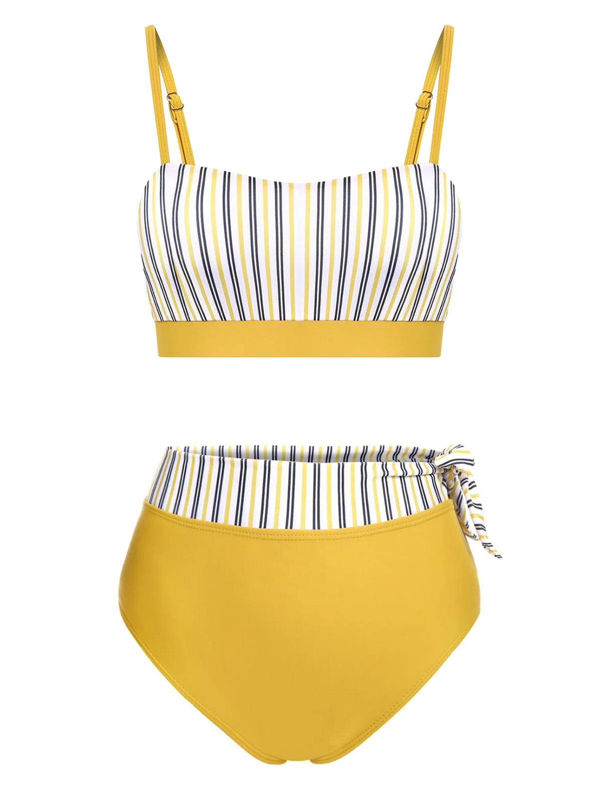 2PCS Yellow 1940s Striped Patchwork Swimsuit - Image 2