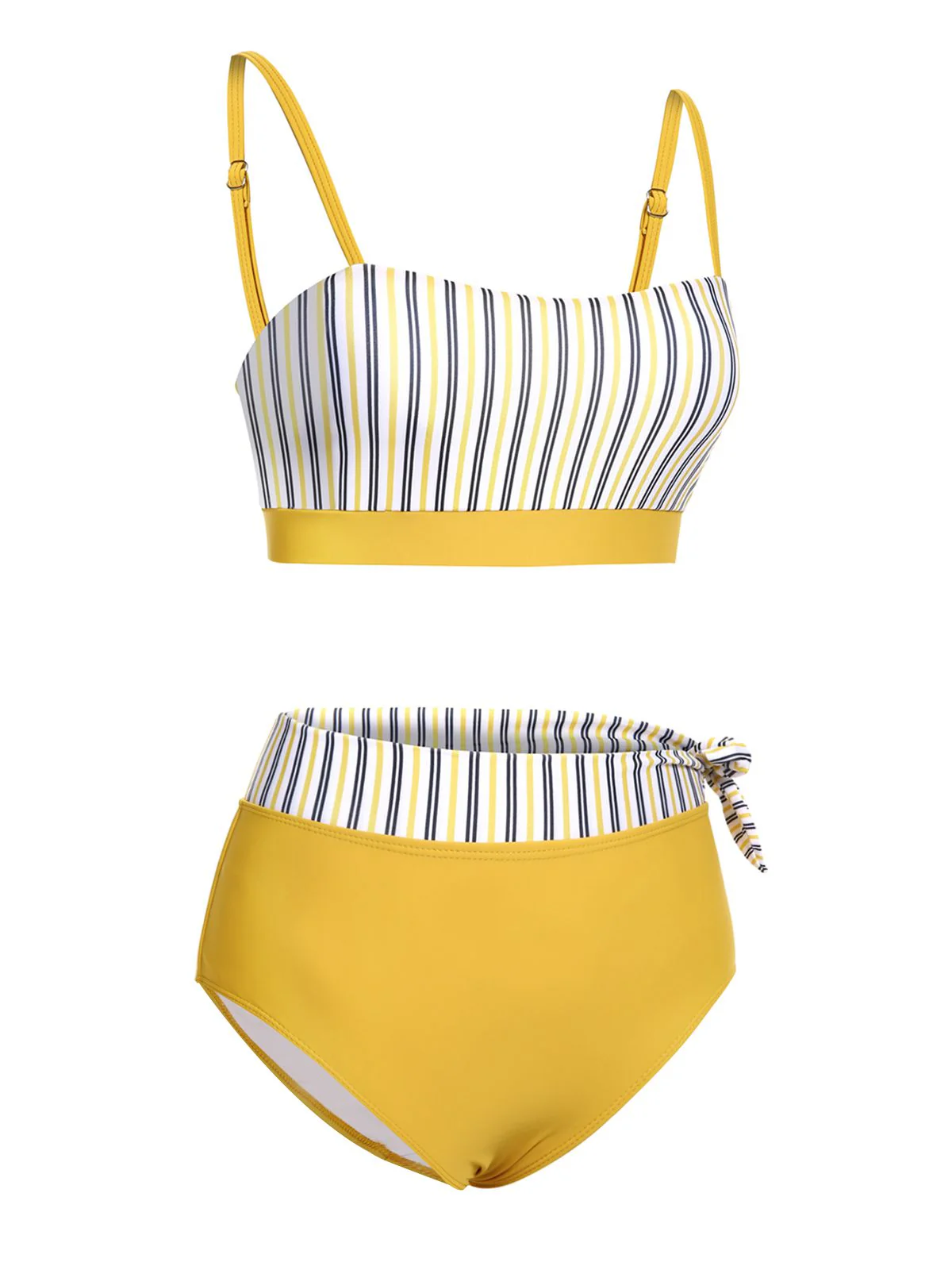 2PCS Yellow 1940s Striped Patchwork Swimsuit - Image 3
