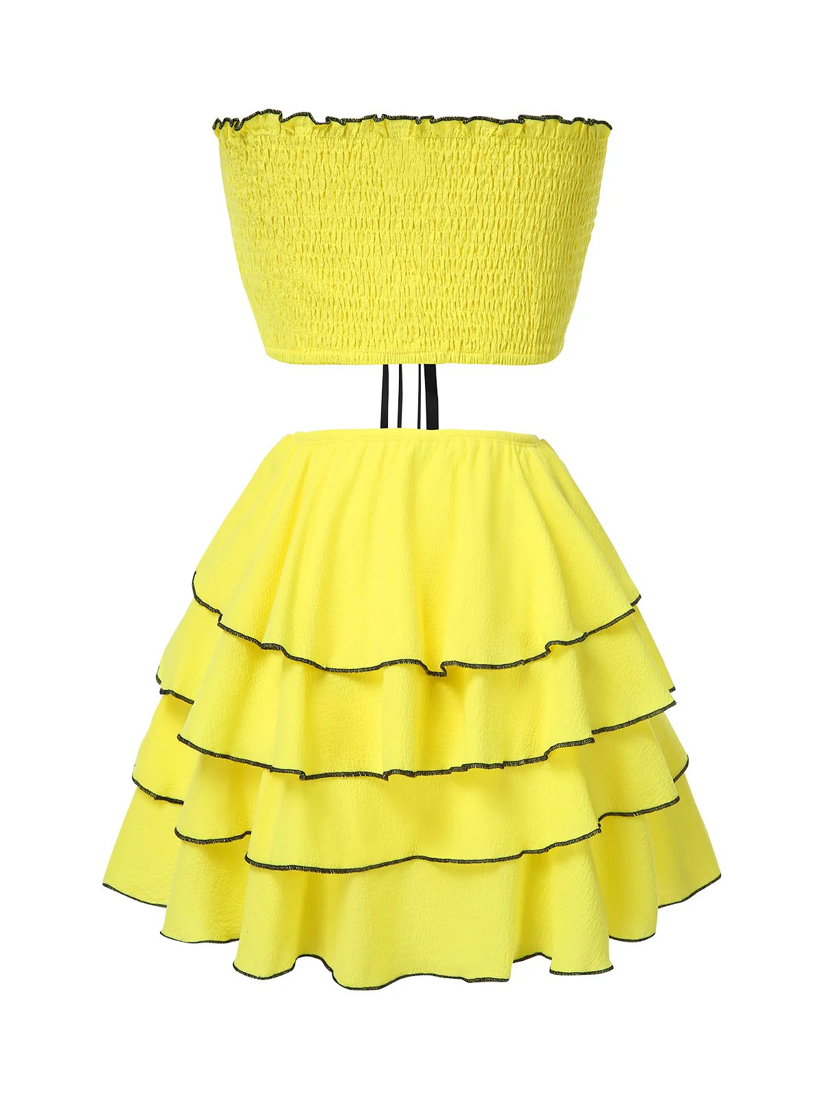 2PCS Yellow 1950s Bow Smocked Tube Top & Multi-Layer Skirt - Image 2