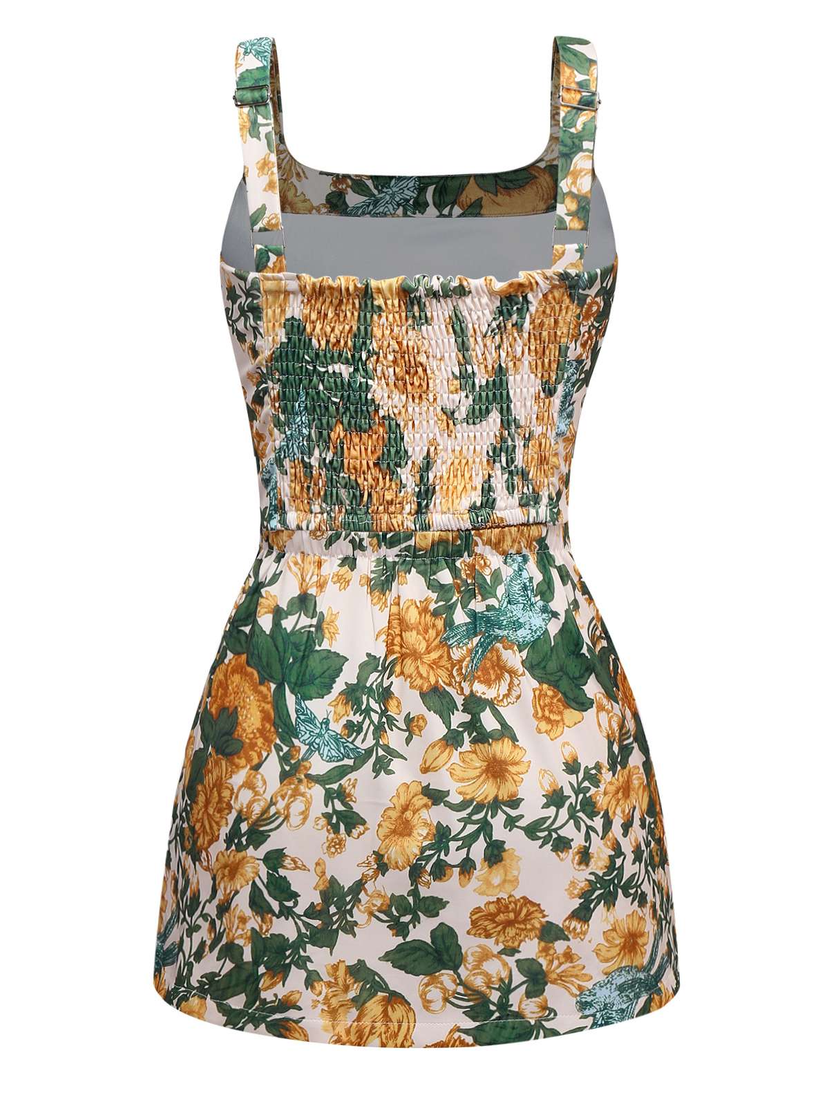 2PCS Yellow 1950s Floral Wide Strap Top & Mini Skirt - Image 2