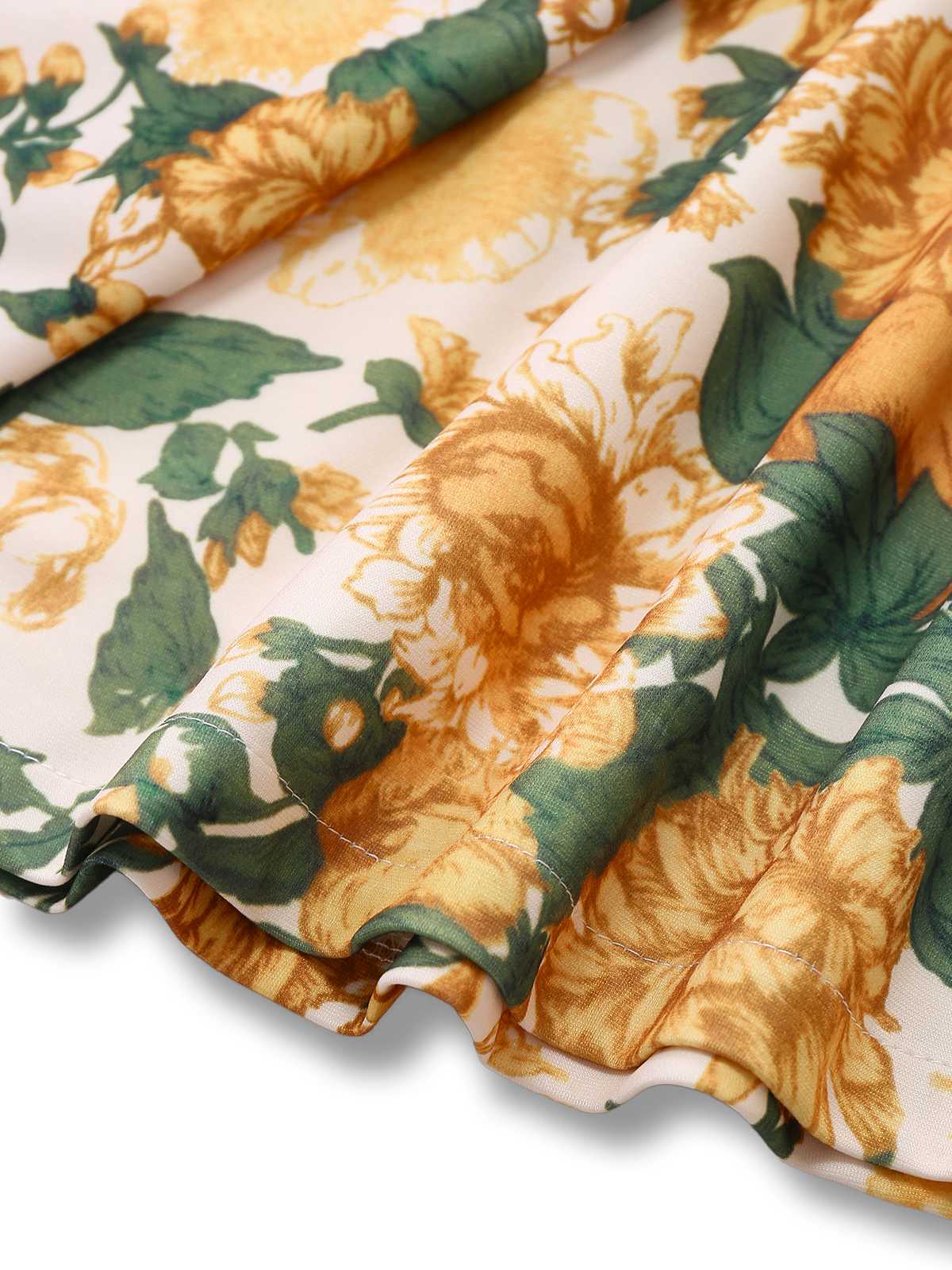 2PCS Yellow 1950s Floral Wide Strap Top & Mini Skirt - Image 6