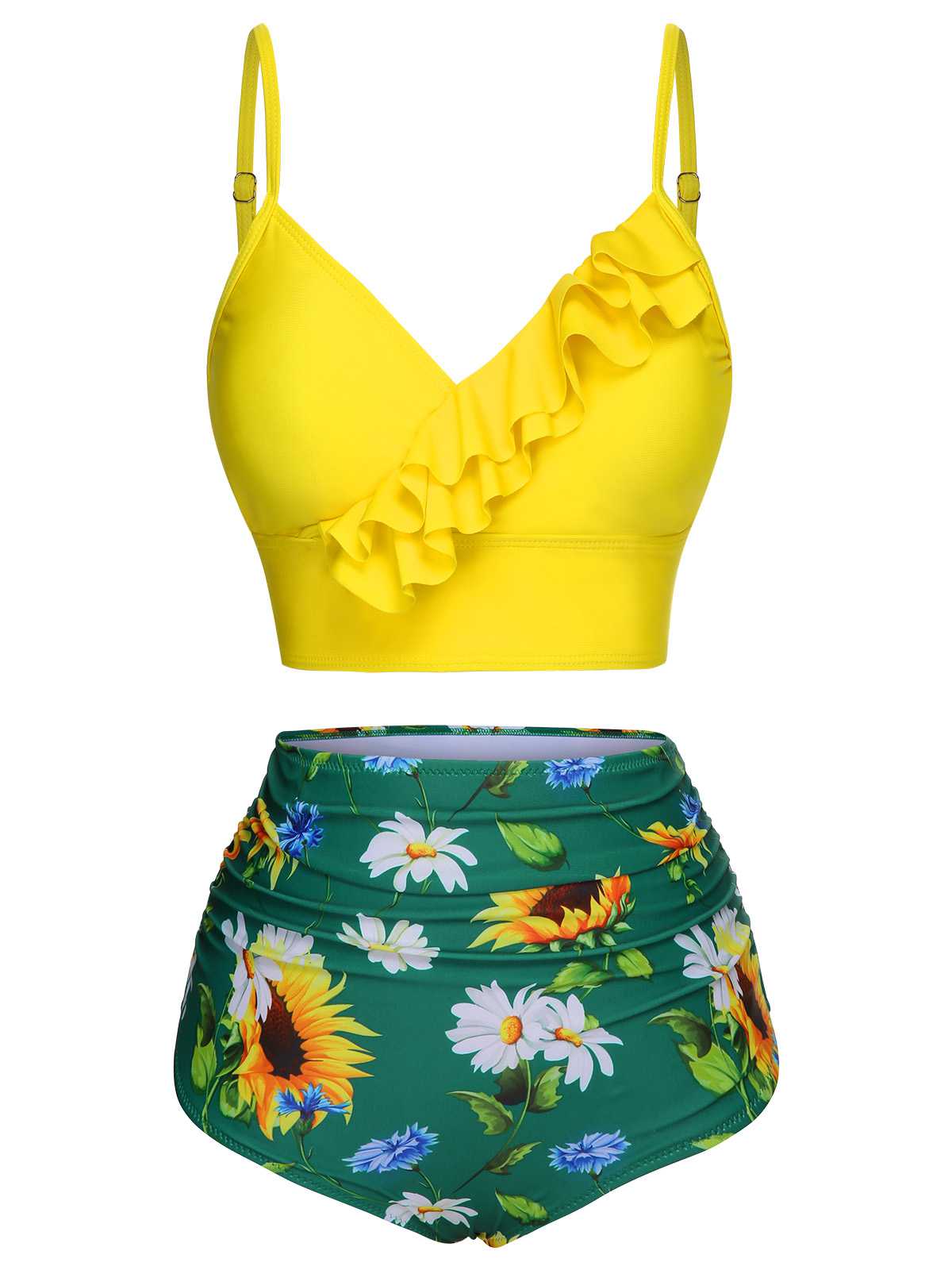 2PCS Yellow 1950s Sunflower Ruffles V-Neck Swimsuit - Image 2
