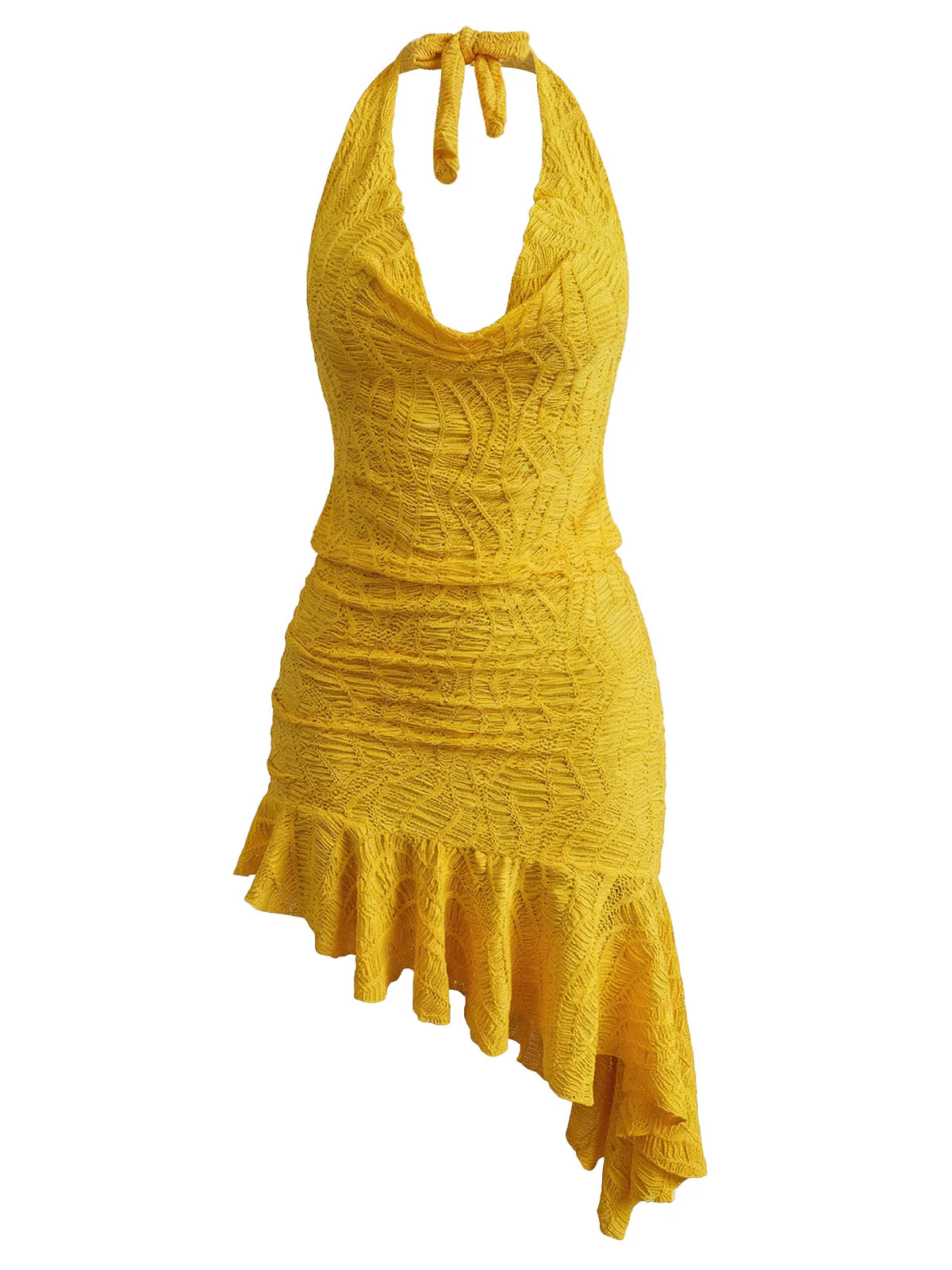 2PCS Yellow 1960s Halter Cowl Neck Textured Tankini Set - Image 2