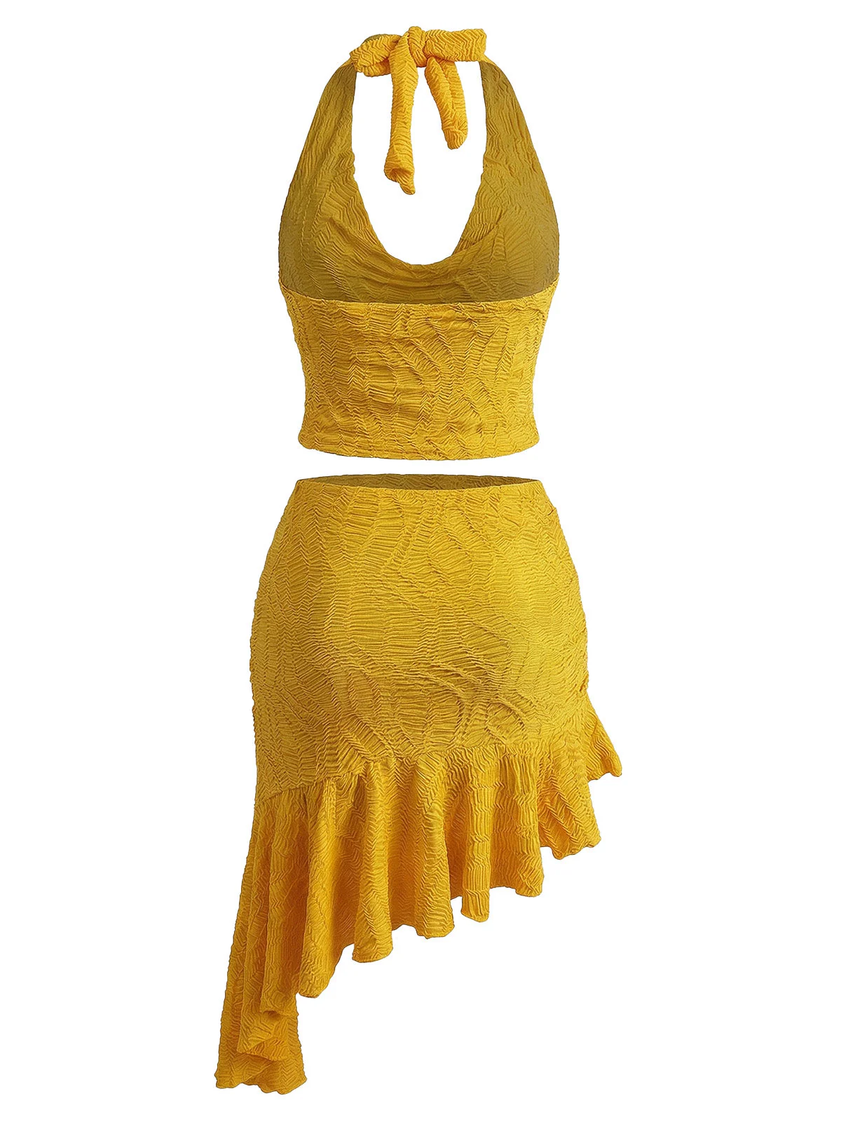 2PCS Yellow 1960s Halter Cowl Neck Textured Tankini Set - Image 3