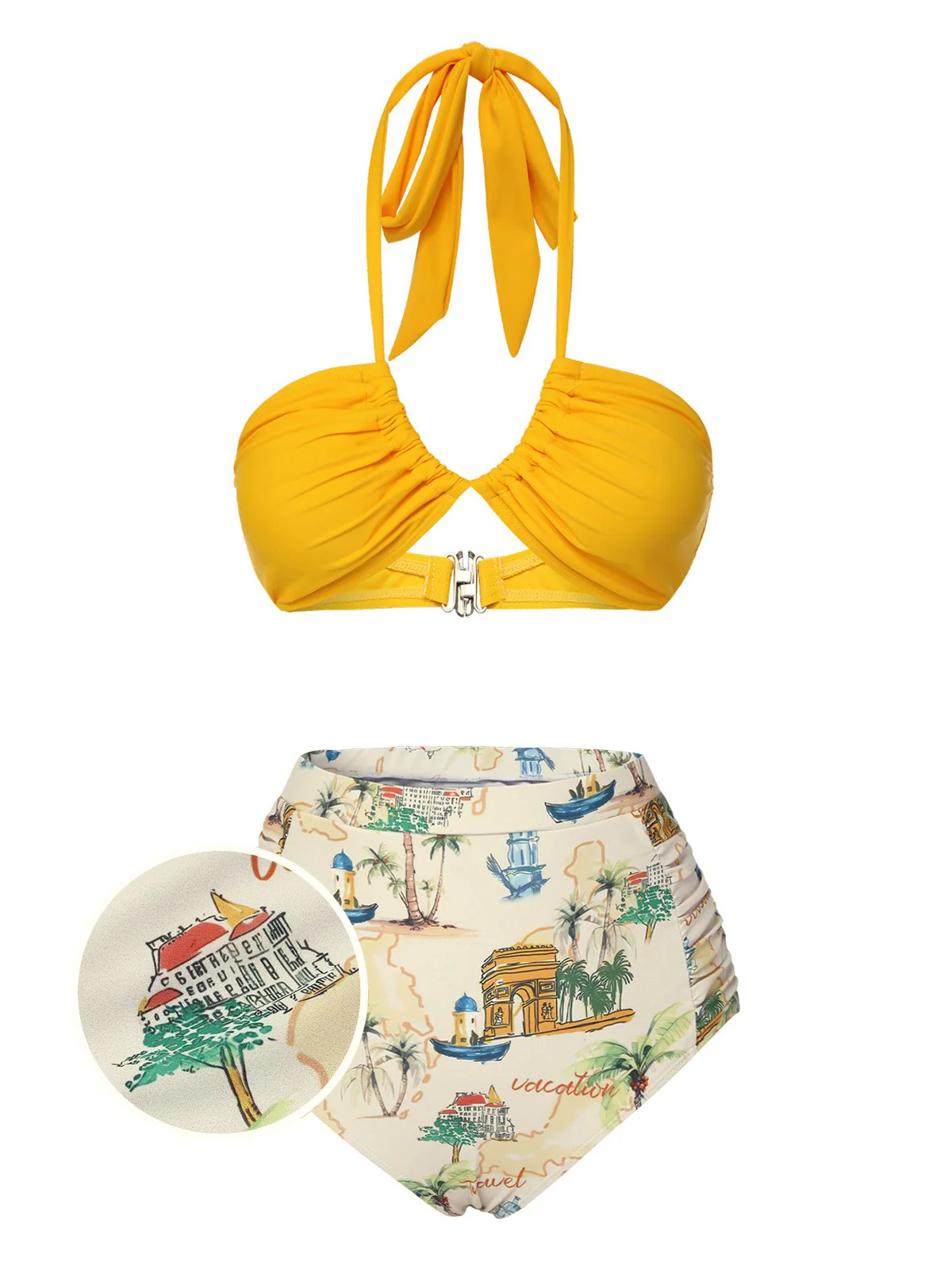 2PCS Yellow 1970s Retro Architectural Pattern Swimsuit & Cover-Up - Image 5