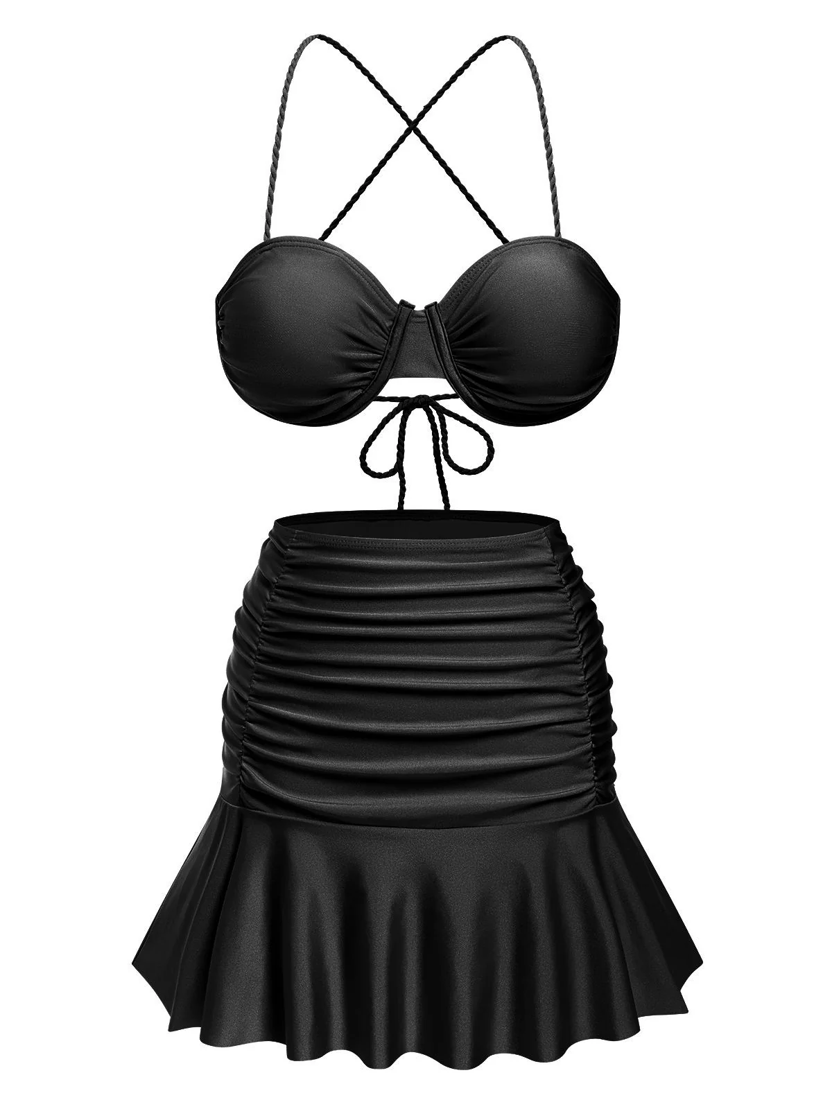 3PCS 1930s Spaghetti Strap Solid Bikini Set - Image 4