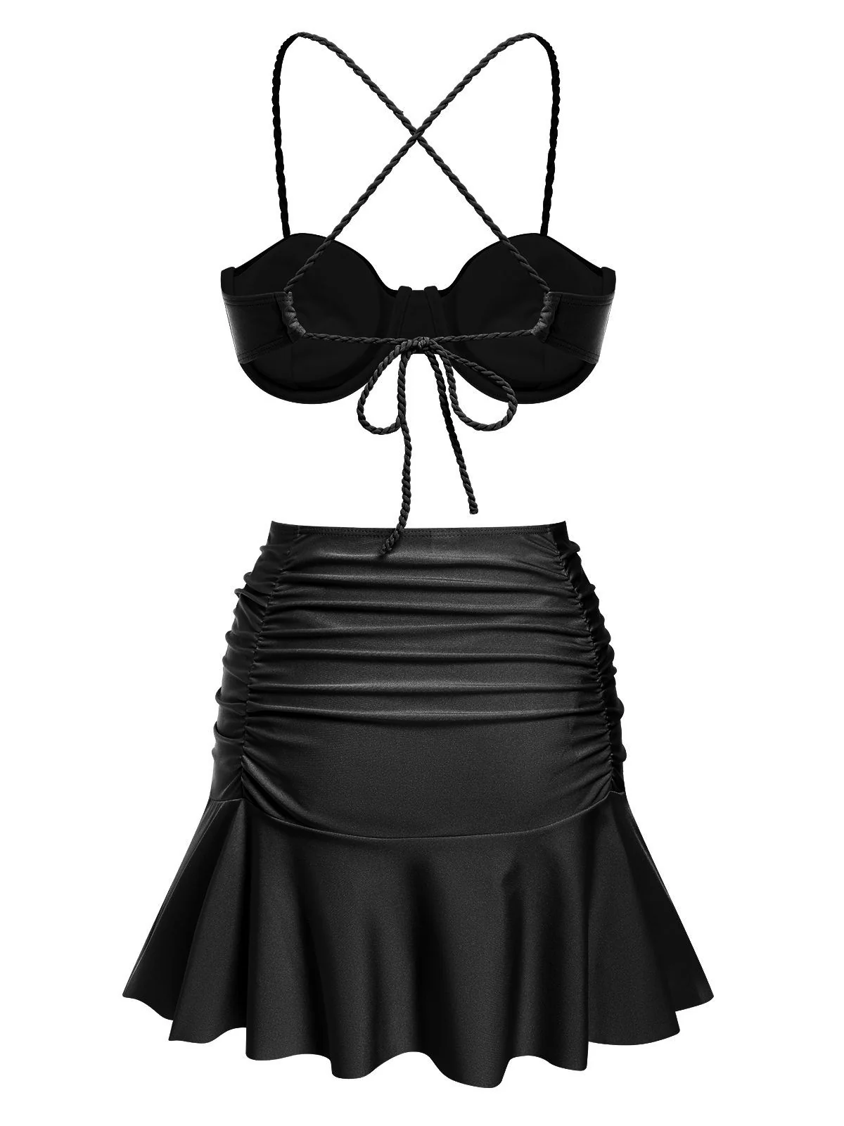 3PCS 1930s Spaghetti Strap Solid Bikini Set - Image 6