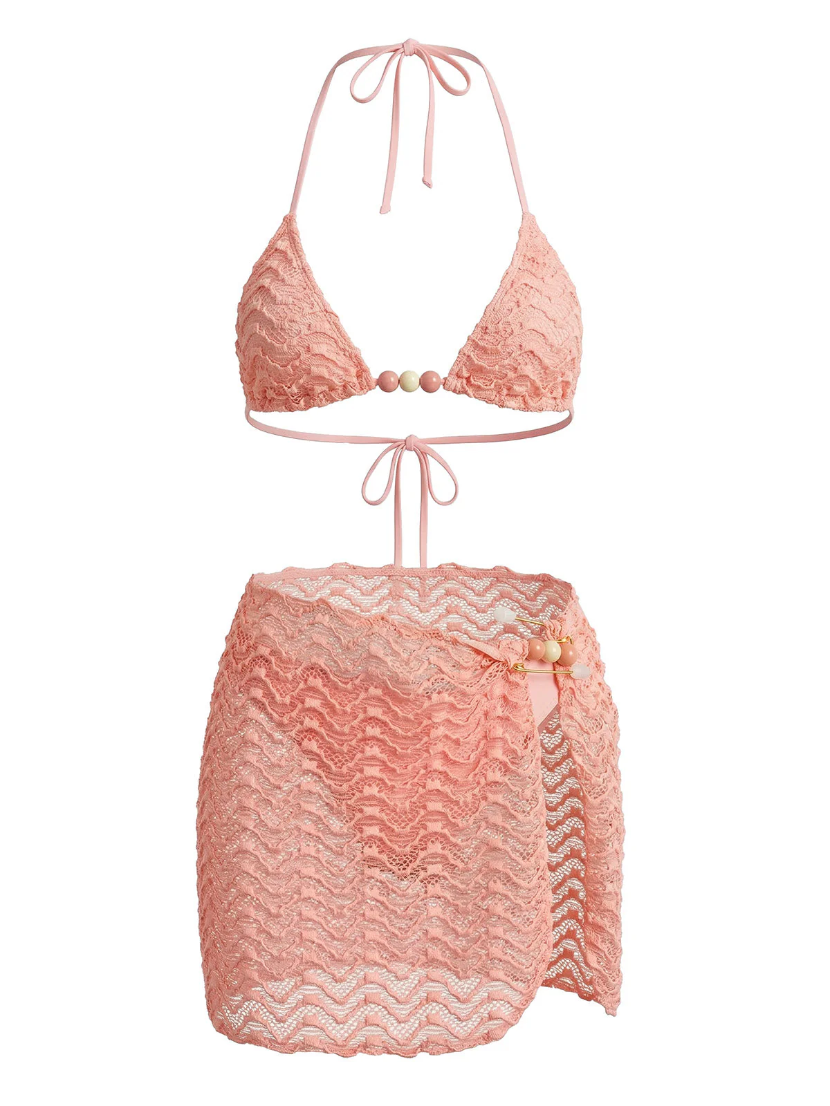 3PCS 1950s Beaded Halter Pleated Bikini Set & Cover-Up - Image 2