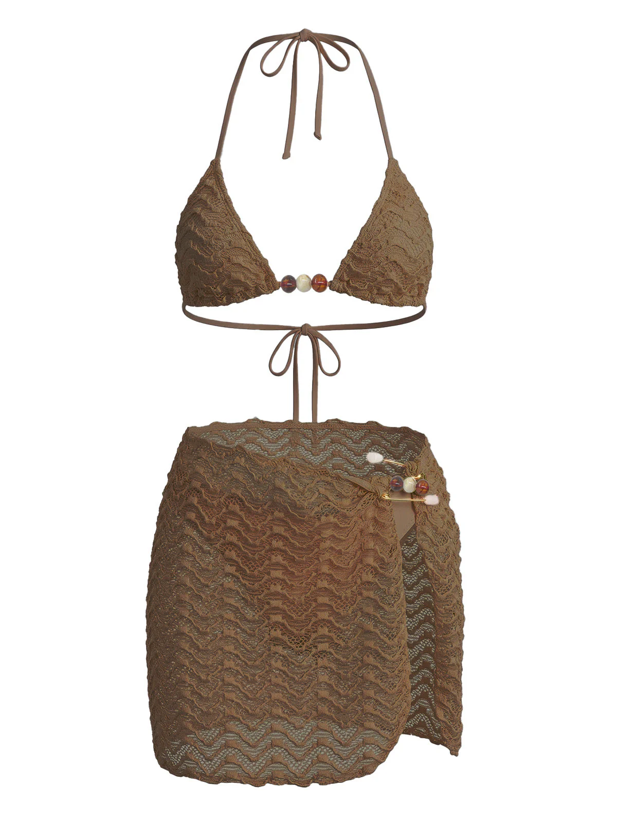3PCS 1950s Beaded Halter Pleated Bikini Set & Cover-Up - Image 8