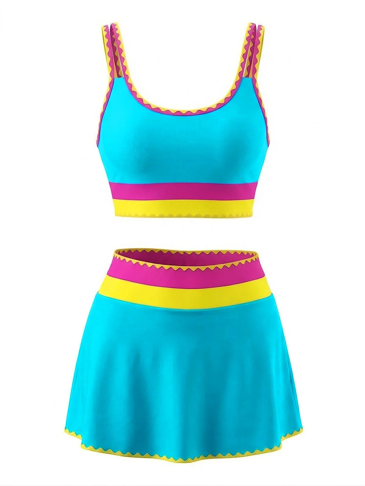 3PCS 1950s Contrast Color Zigzag Trim Tankini Set & Cover-Up - Image 12