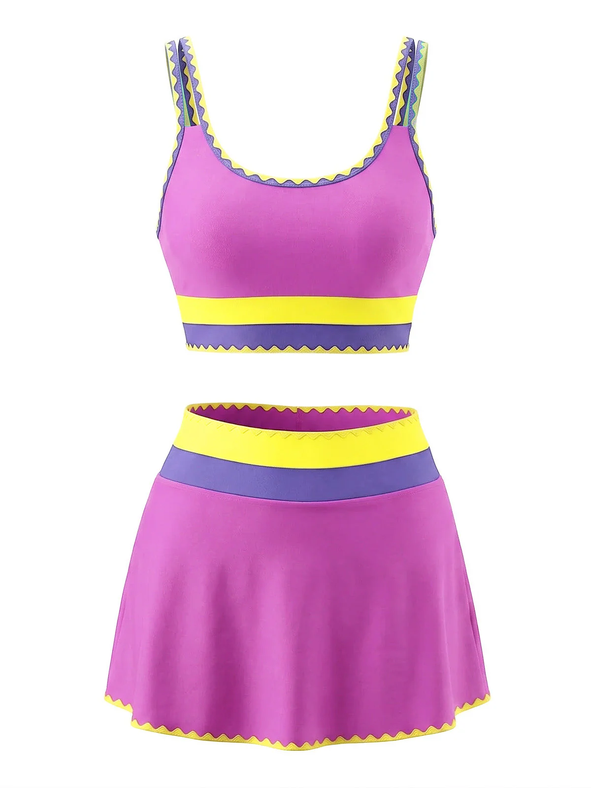 3PCS 1950s Contrast Color Zigzag Trim Tankini Set & Cover-Up - Image 15