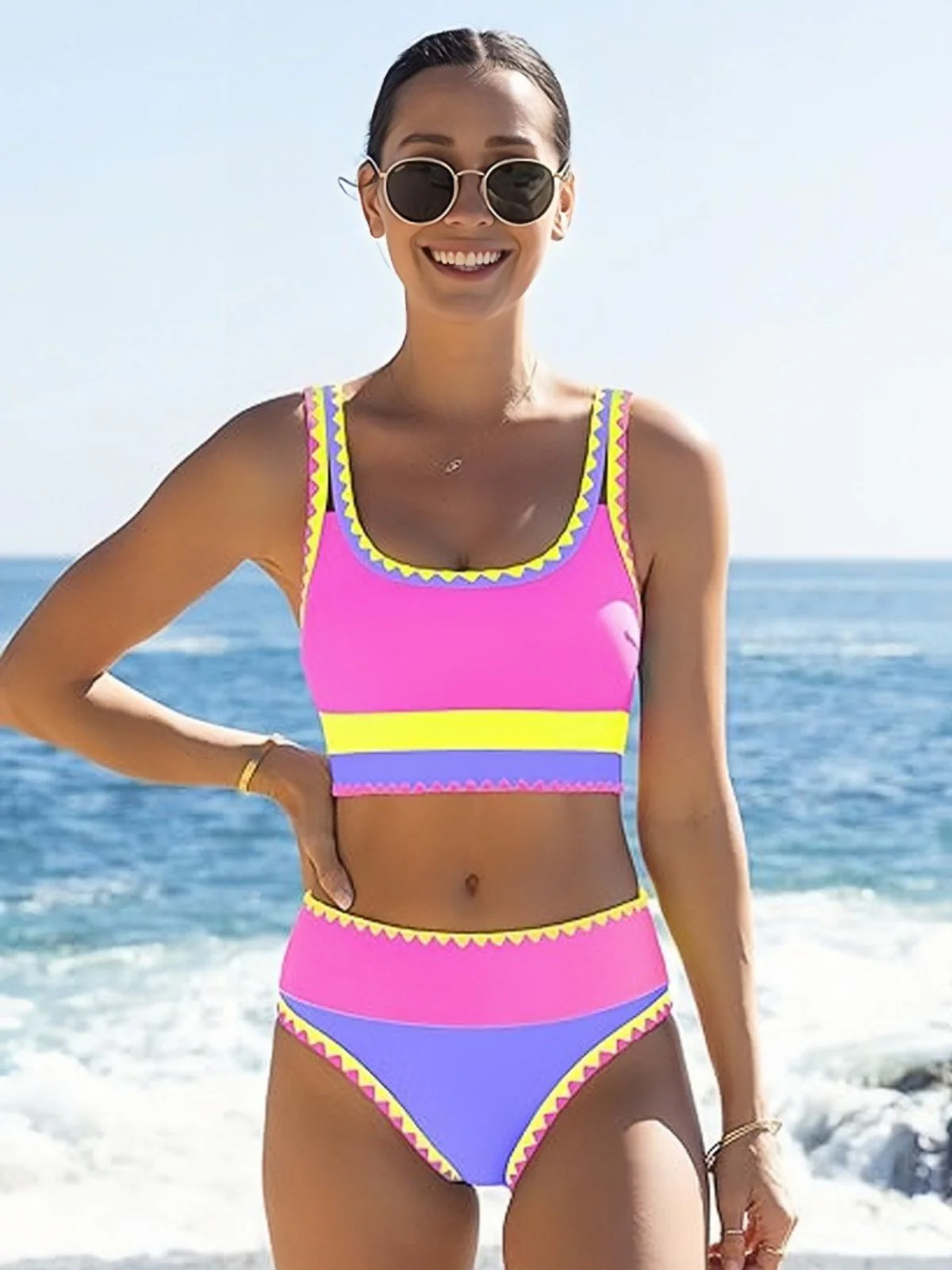 3PCS 1950s Contrast Color Zigzag Trim Tankini Set & Cover-Up - Image 16