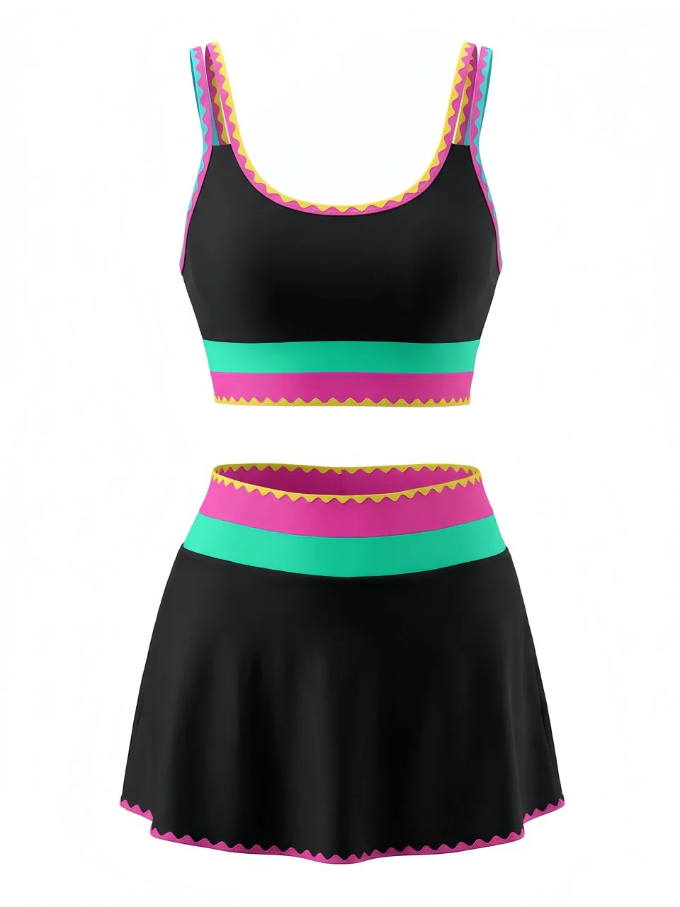 3PCS 1950s Contrast Color Zigzag Trim Tankini Set & Cover-Up - Image 2