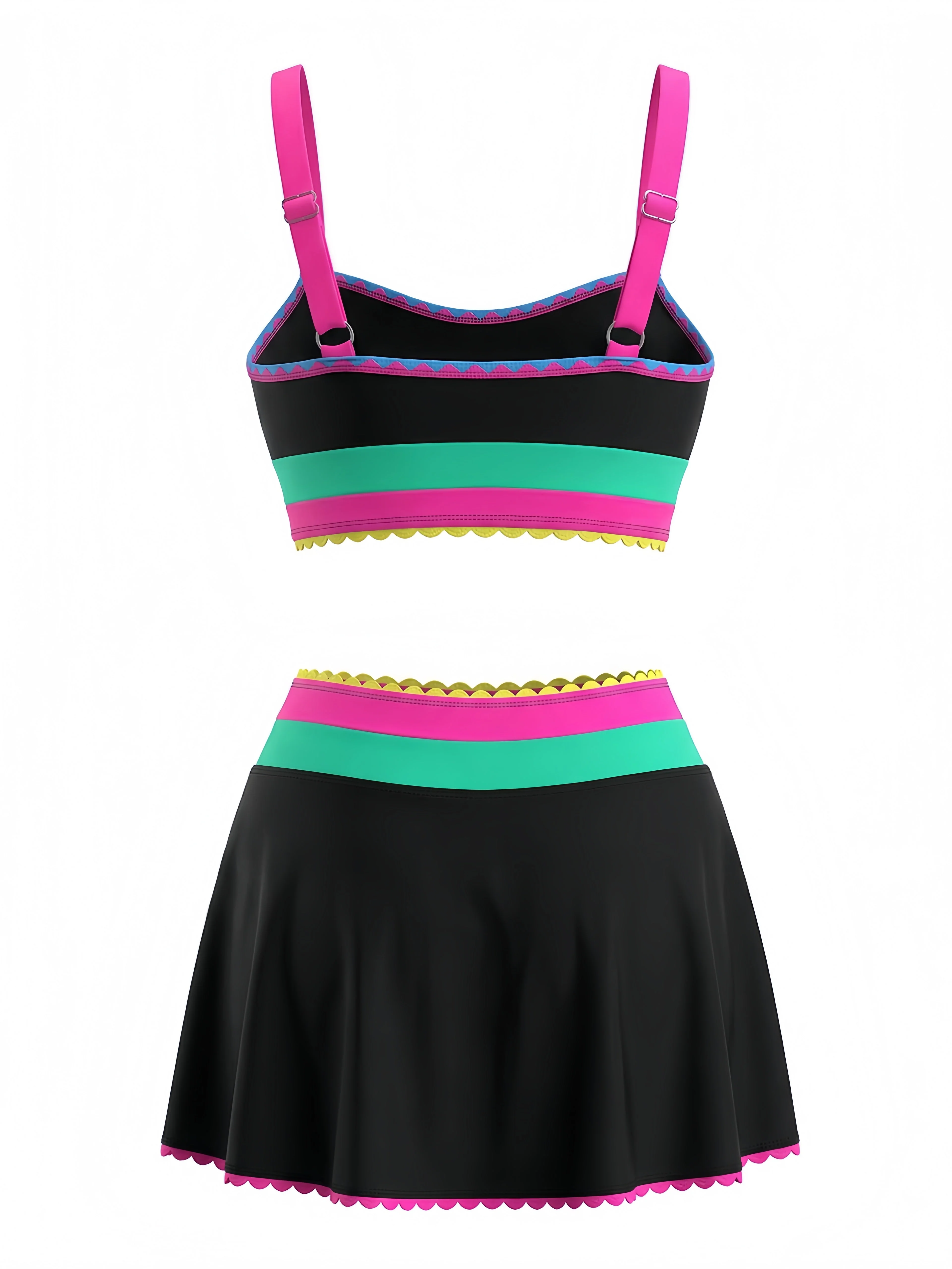 3PCS 1950s Contrast Color Zigzag Trim Tankini Set & Cover-Up - Image 3