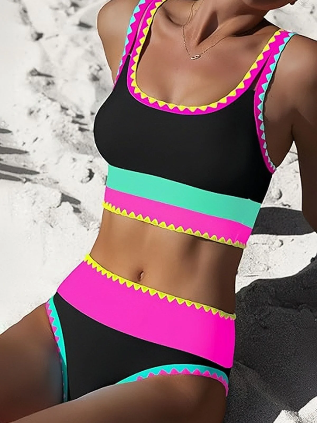 3PCS 1950s Contrast Color Zigzag Trim Tankini Set & Cover-Up - Image 4