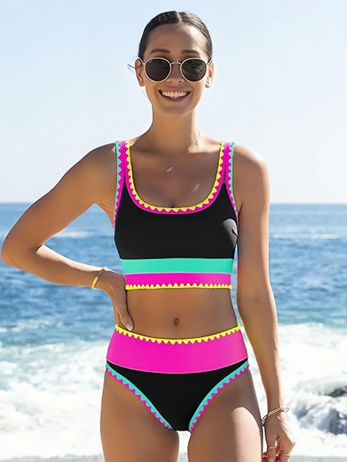 3PCS 1950s Contrast Color Zigzag Trim Tankini Set & Cover-Up - Image 5