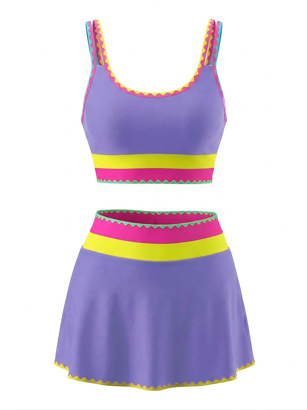 3PCS 1950s Contrast Color Zigzag Trim Tankini Set & Cover-Up - Image 7