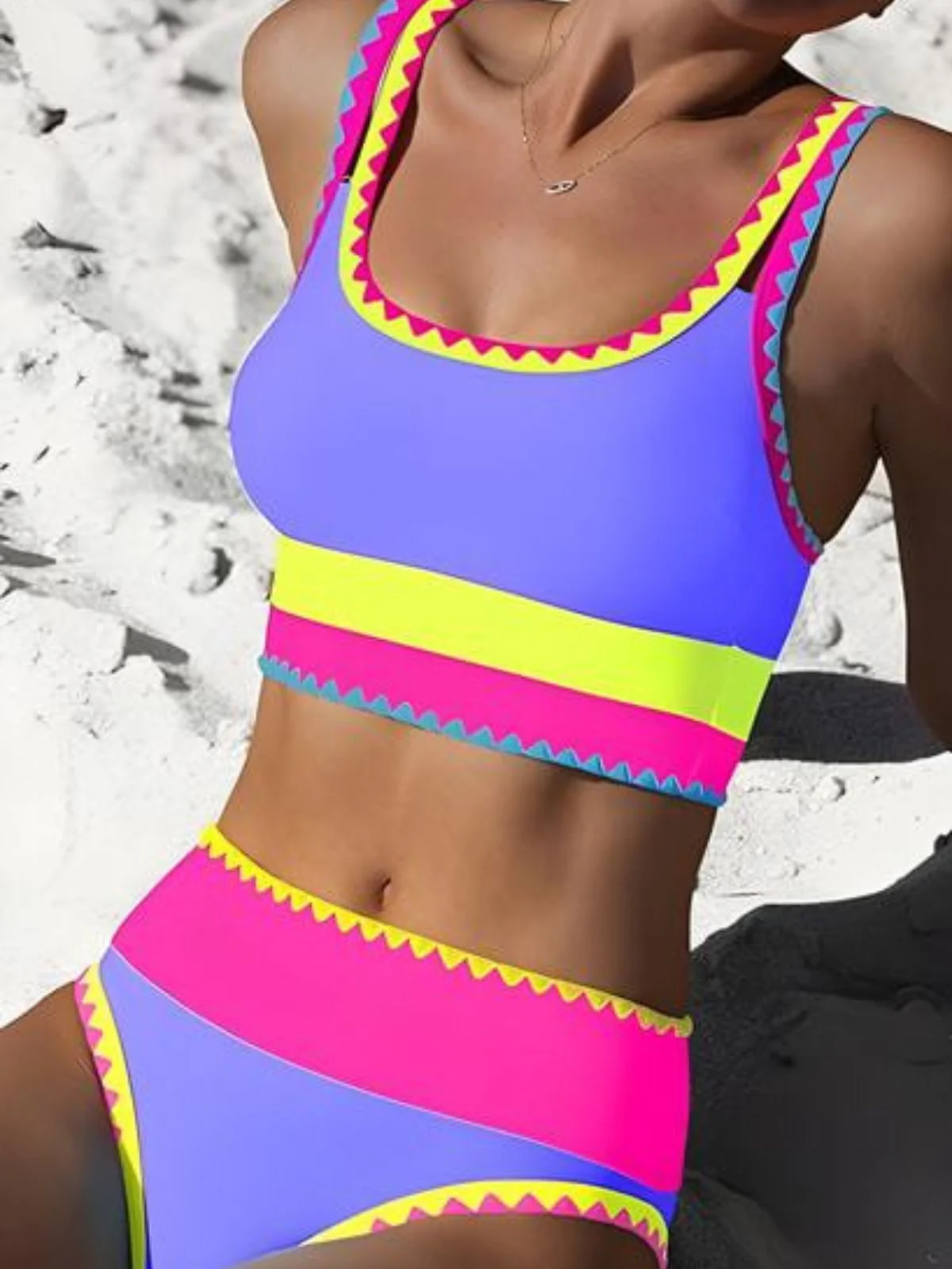 3PCS 1950s Contrast Color Zigzag Trim Tankini Set & Cover-Up - Image 8