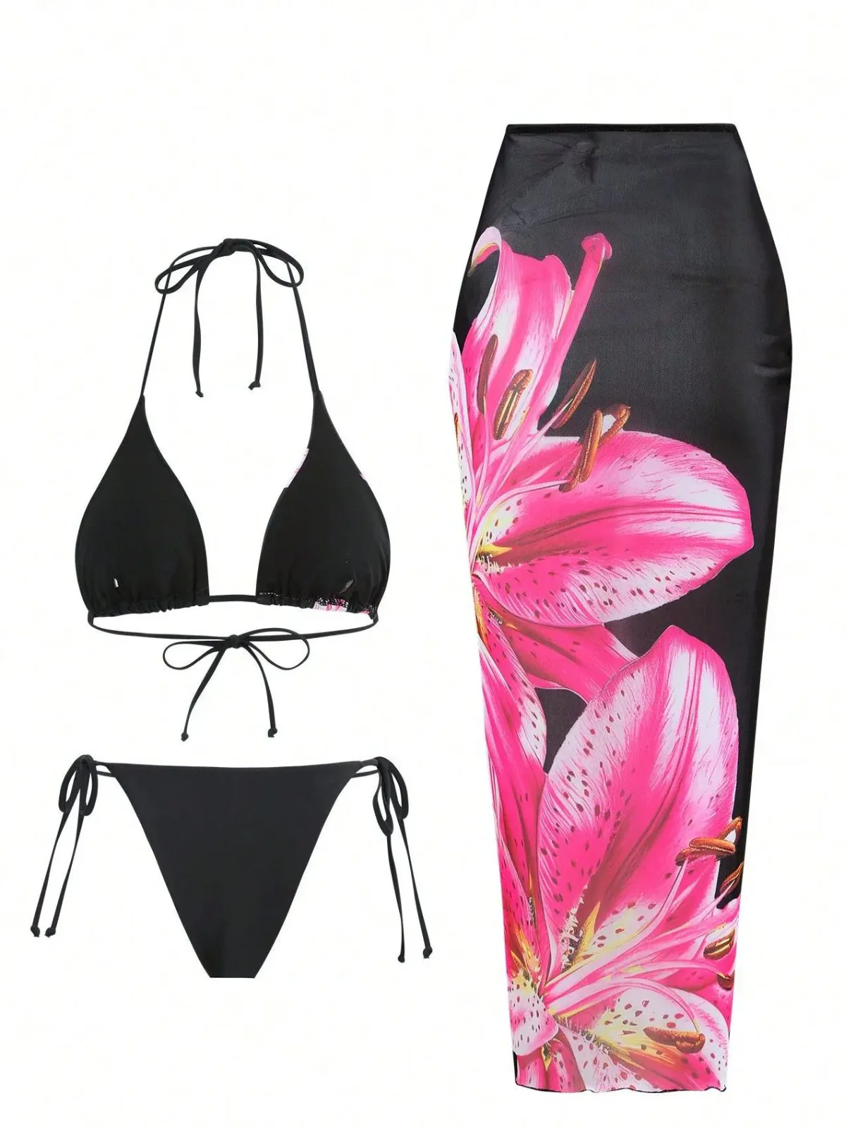 3PCS 1950s Mesh Lily Print Bikini Set & Cover-Up - Image 2
