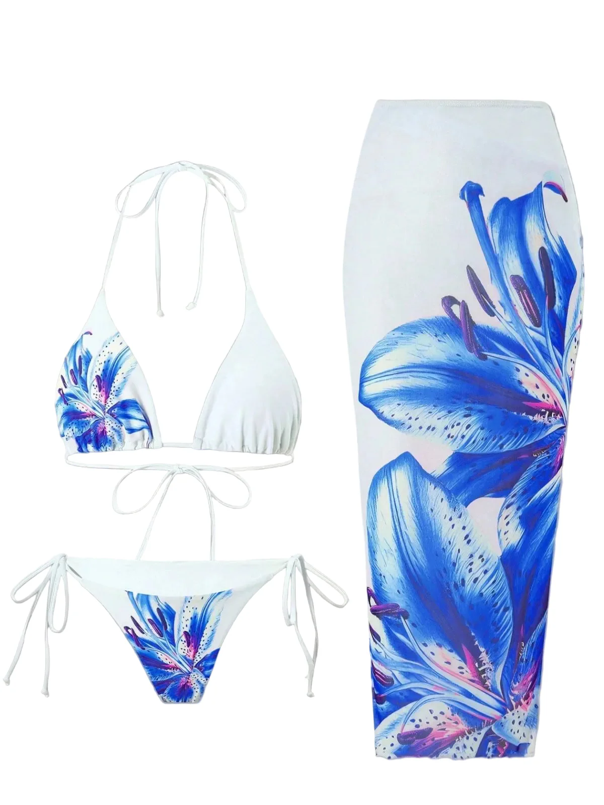 3PCS 1950s Mesh Lily Print Bikini Set & Cover-Up - Image 5