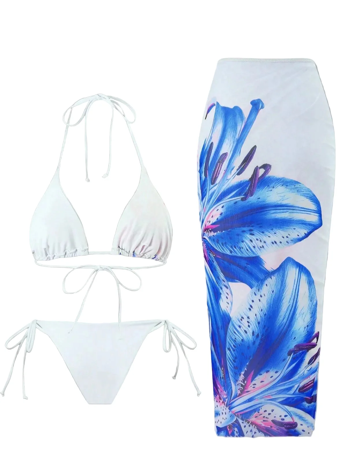 3PCS 1950s Mesh Lily Print Bikini Set & Cover-Up - Image 6