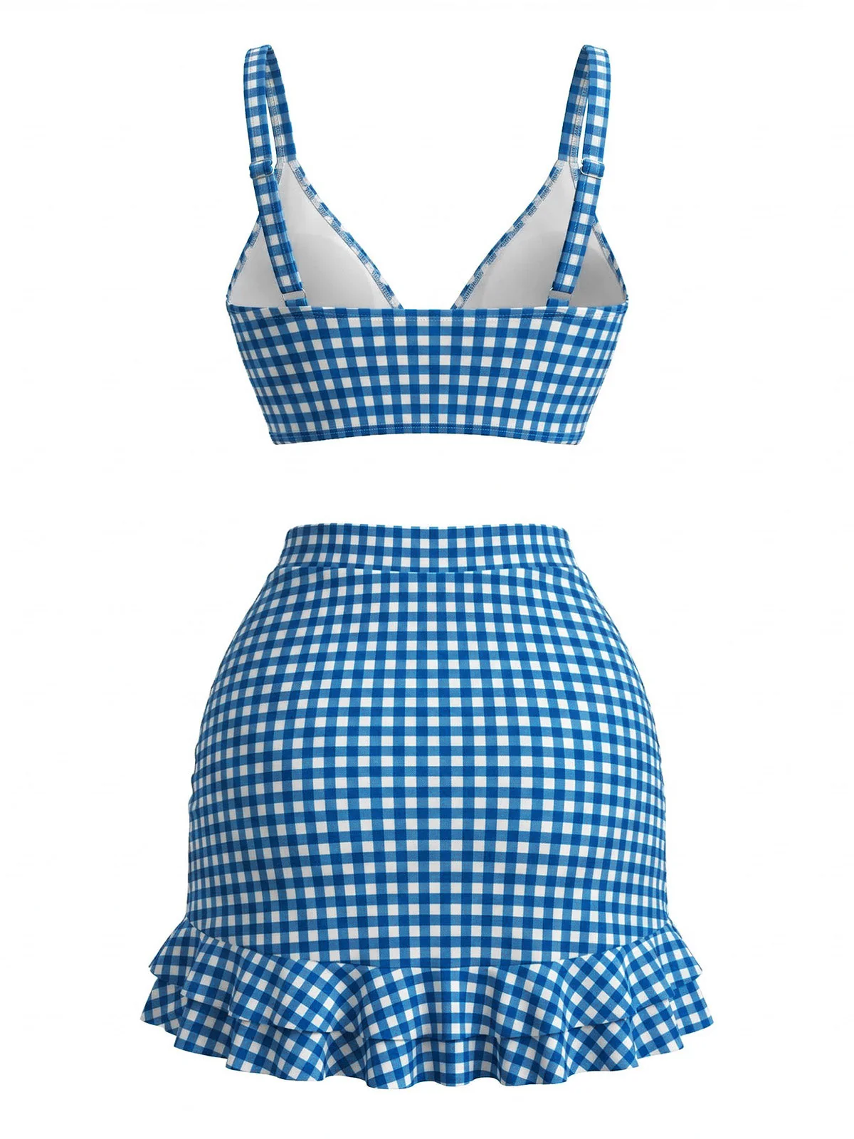 3PCS 1950s Ruffled Hem Plaid Drawstring Tankini Set - Image 10