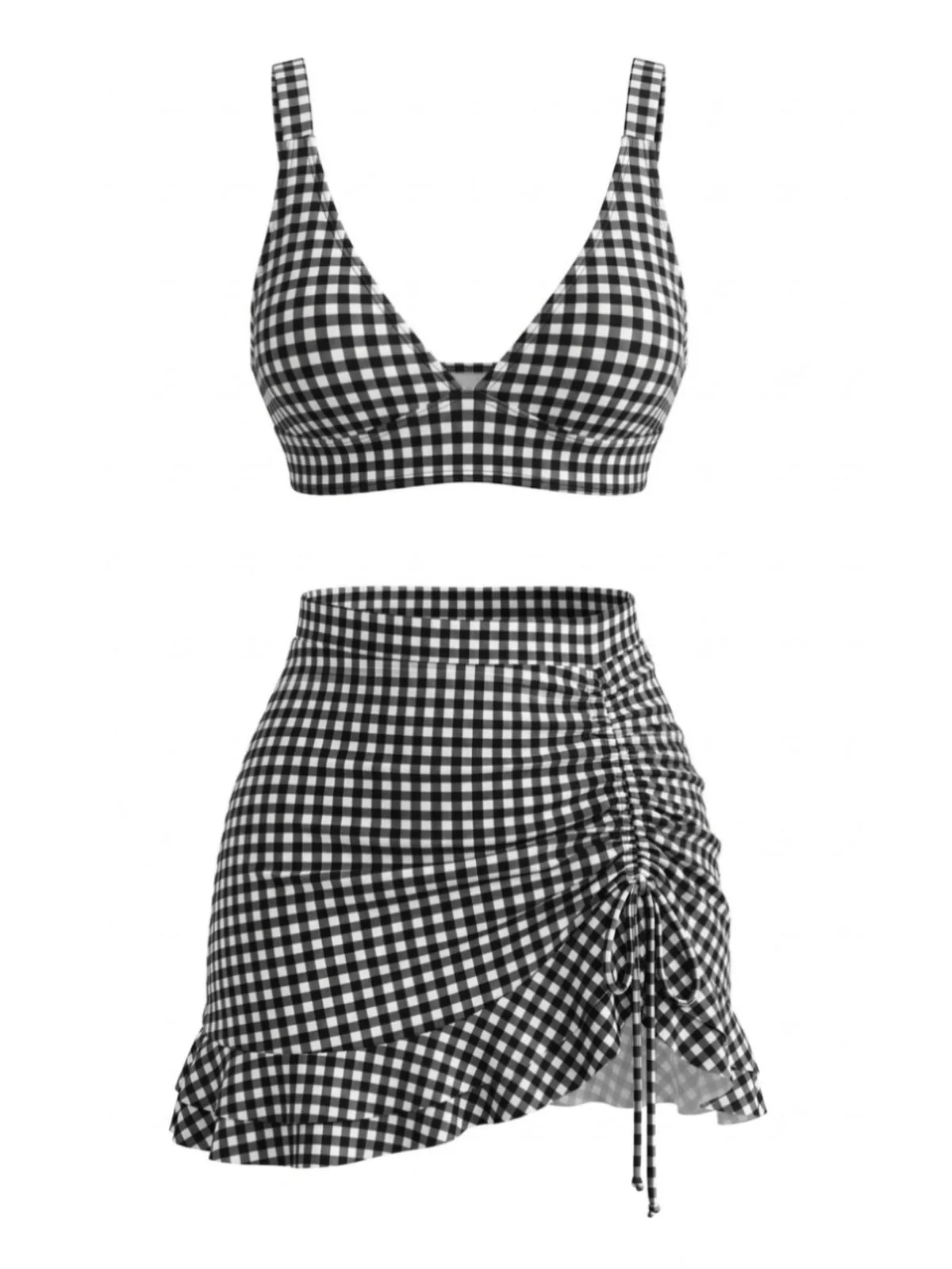 3PCS 1950s Ruffled Hem Plaid Drawstring Tankini Set - Image 5