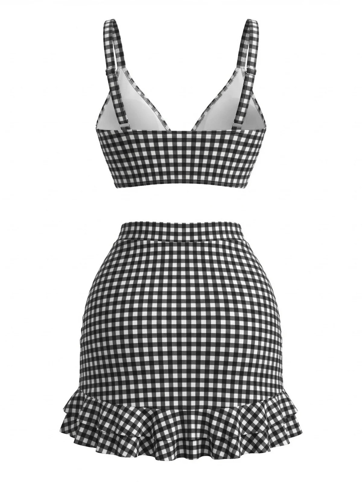 3PCS 1950s Ruffled Hem Plaid Drawstring Tankini Set - Image 6
