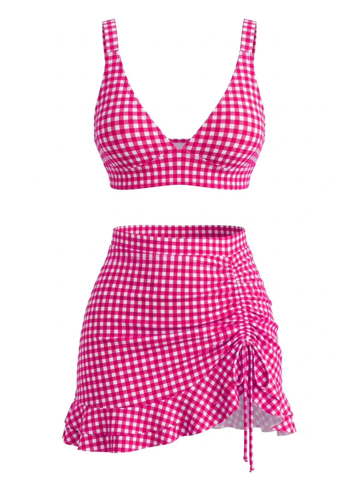 3PCS 1950s Ruffled Hem Plaid Drawstring Tankini Set - Image 7