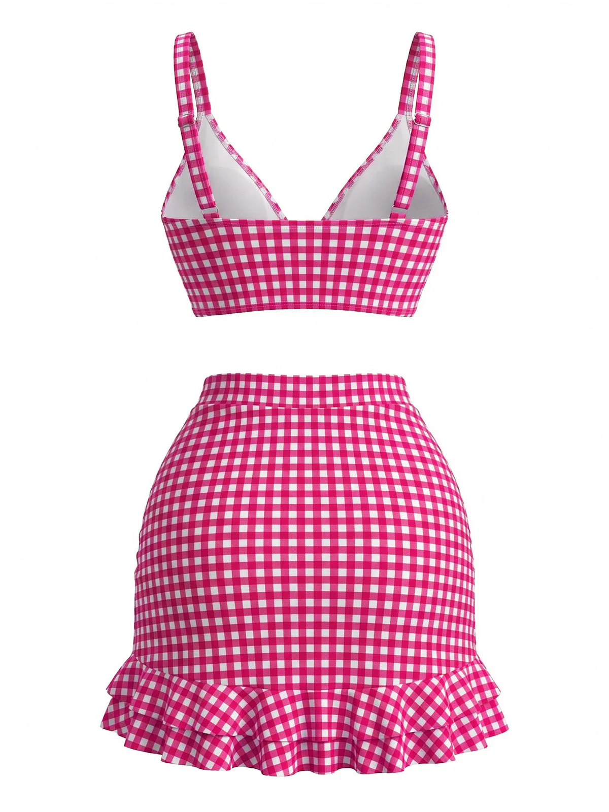 3PCS 1950s Ruffled Hem Plaid Drawstring Tankini Set - Image 8
