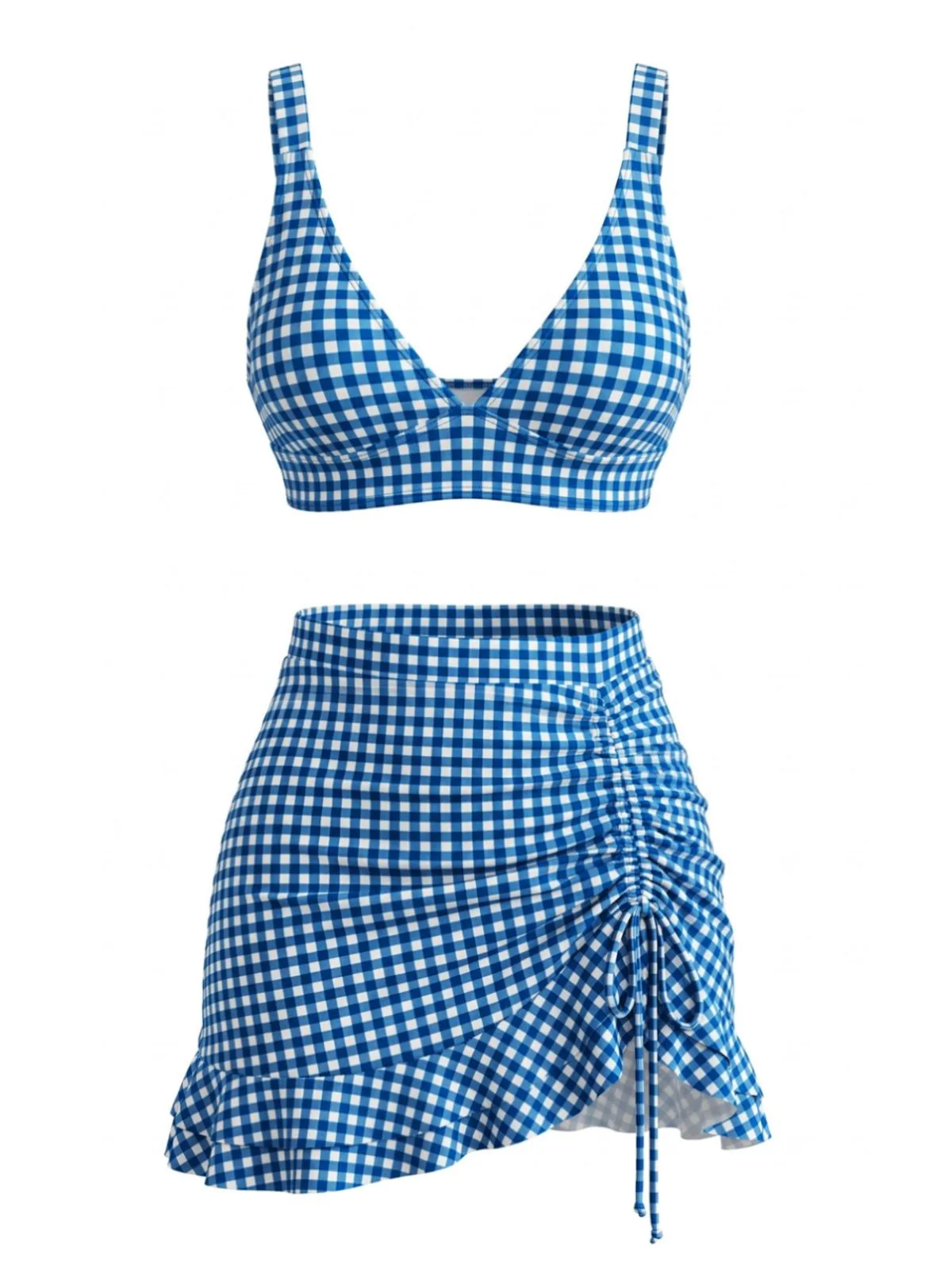 3PCS 1950s Ruffled Hem Plaid Drawstring Tankini Set - Image 9