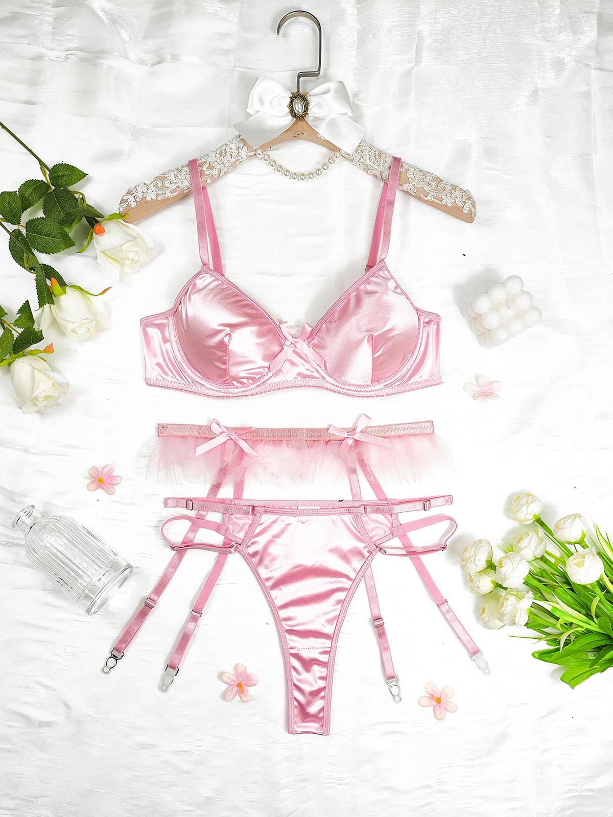3PCS 1950s Satin Garter Belt Lingerie Sets - Image 4