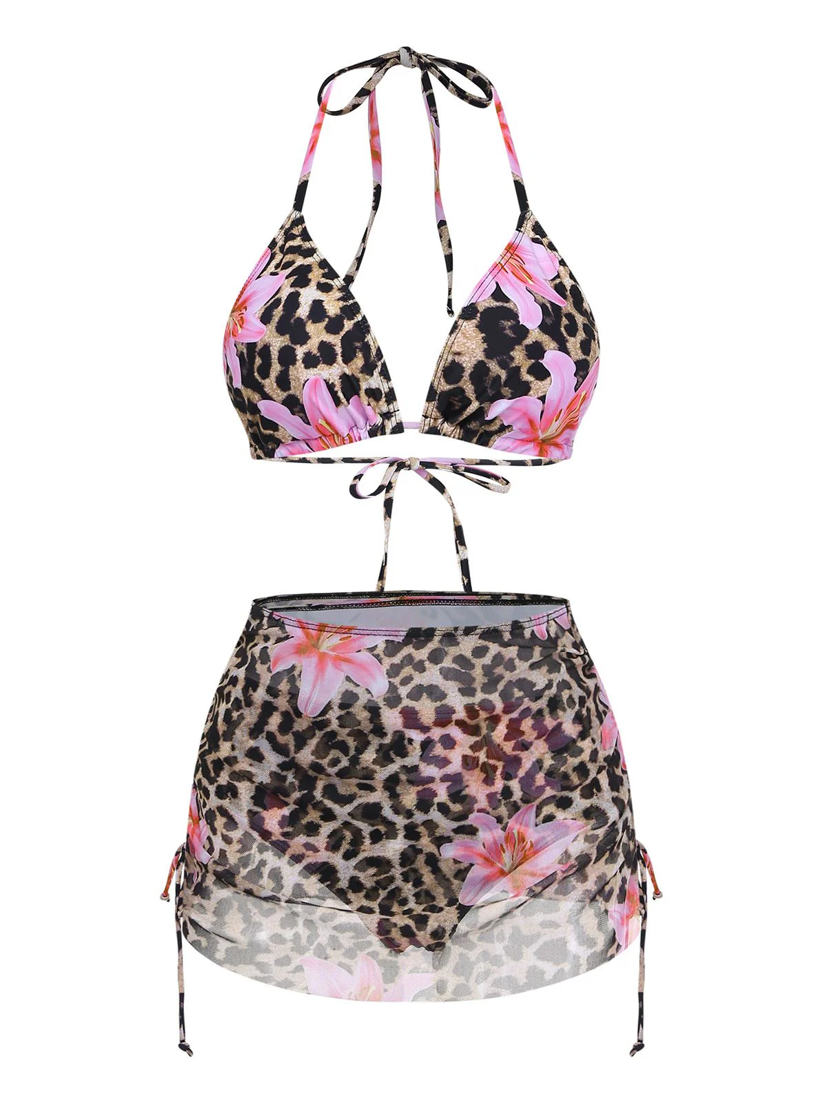 3PCS 1960s Leopard Print Floral Bikini Set - Image 2