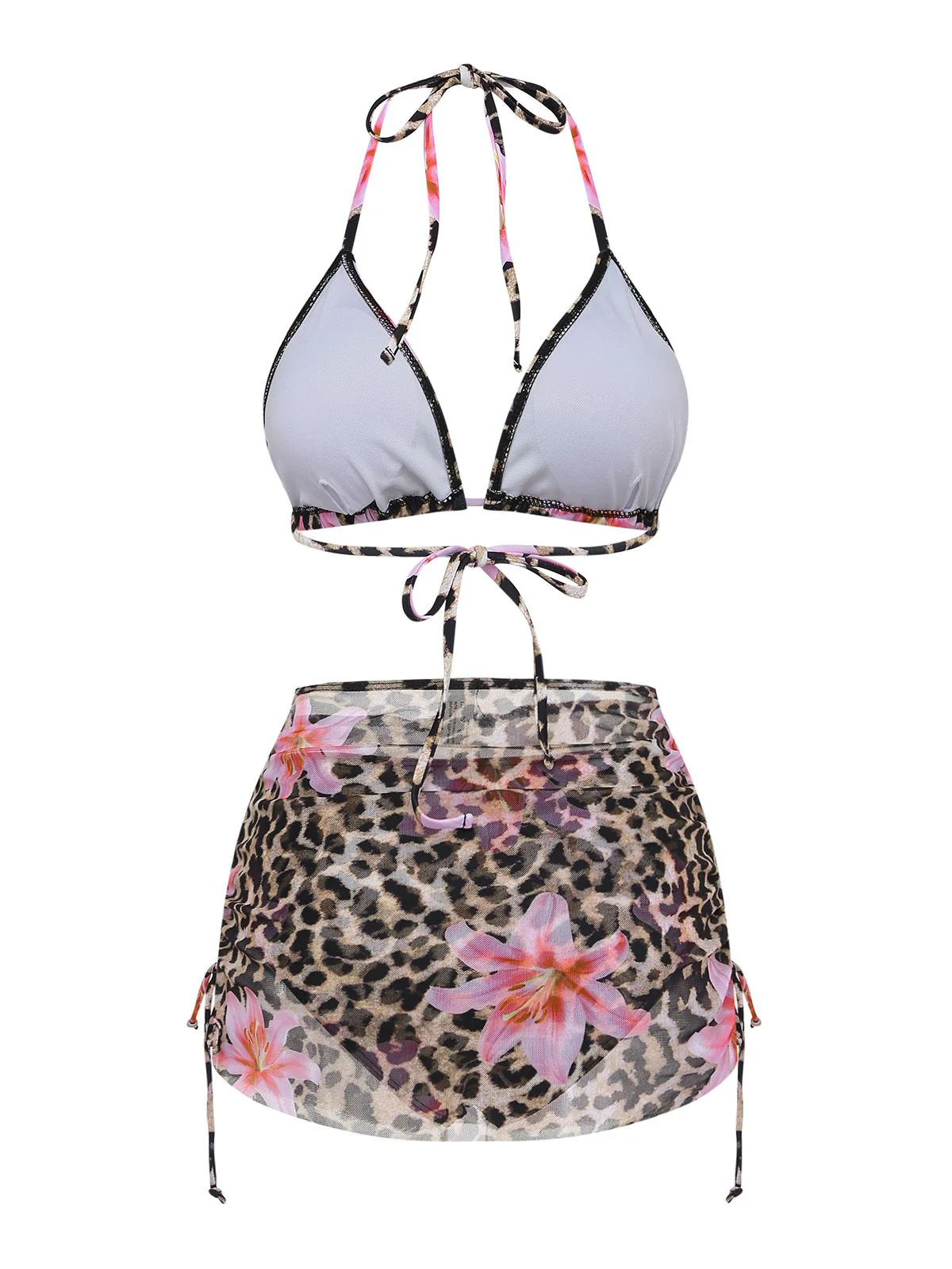 3PCS 1960s Leopard Print Floral Bikini Set - Image 3