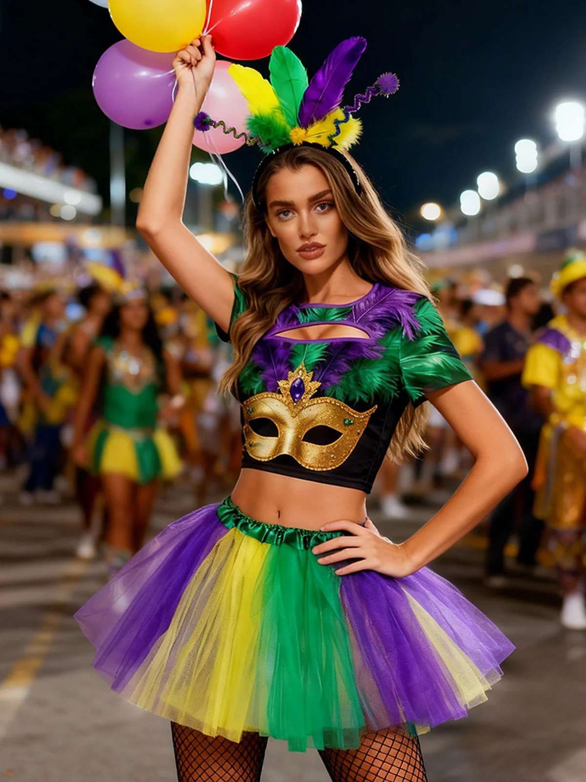 3PCS 1970s Carnival Mask Cutout Top & Petticoat & Headband - Image 2