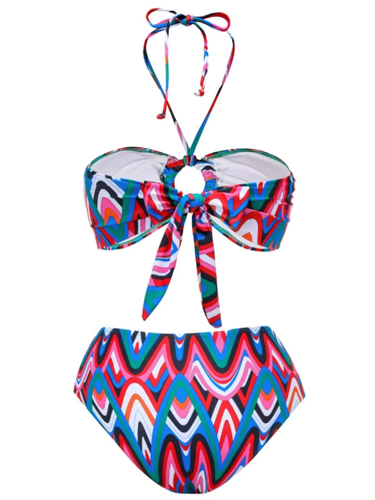 3PCS 1970s Fringe Print Lace-up Halter Bikini Set & Cover Up - Image 3