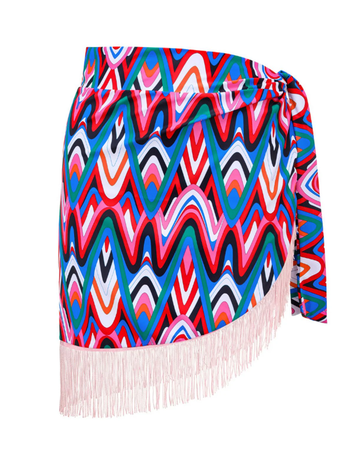 3PCS 1970s Fringe Print Lace-up Halter Bikini Set & Cover Up - Image 4
