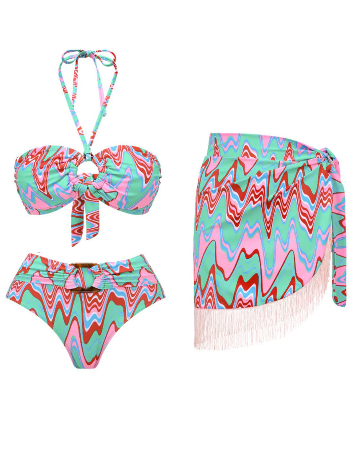 3PCS 1970s Fringe Print Lace-up Halter Bikini Set & Cover Up - Image 5