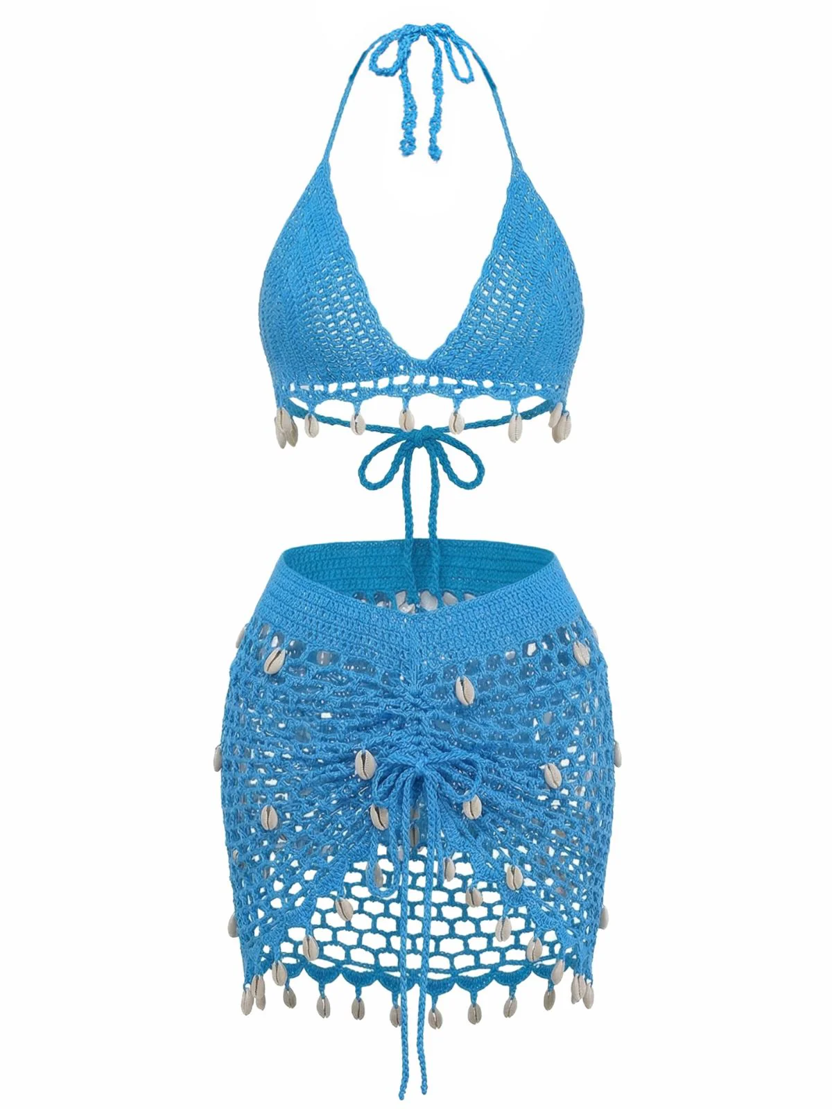 3PCS 1970s Shell Crochet Halter Bikini Set & Cover-Up - Image 2