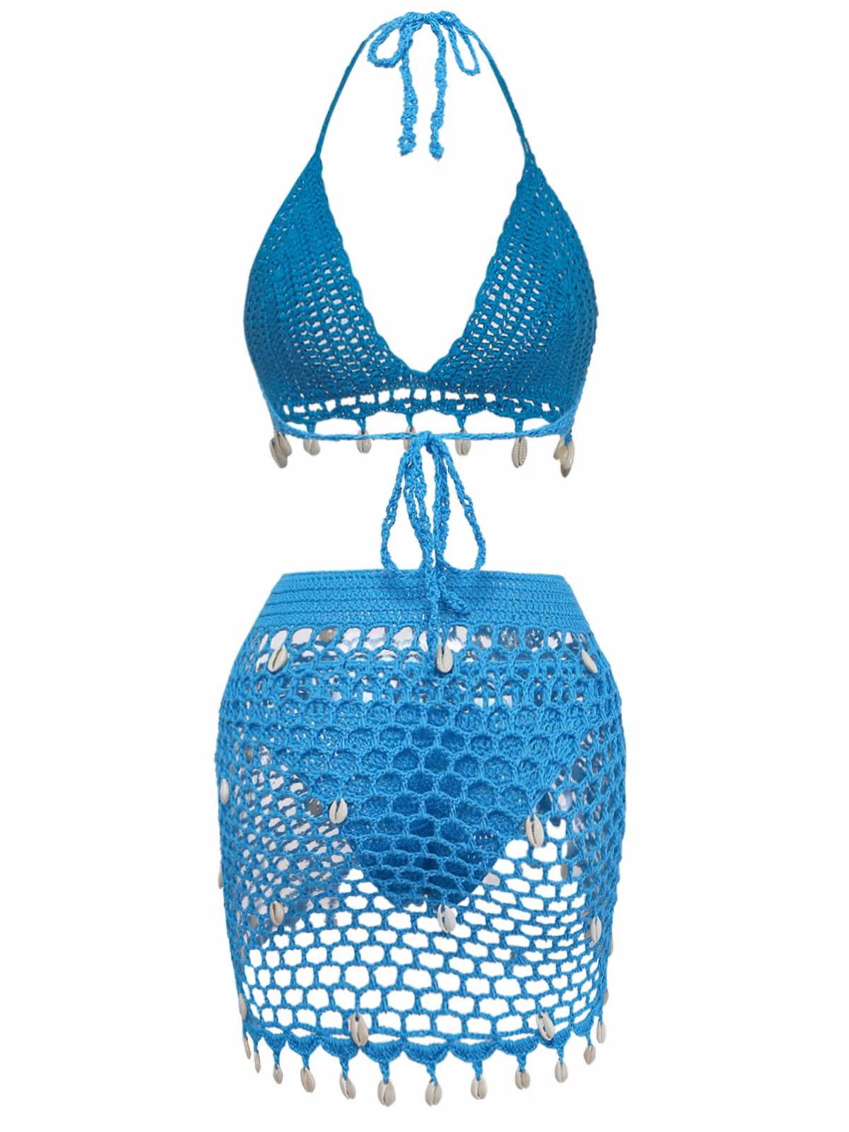 3PCS 1970s Shell Crochet Halter Bikini Set & Cover-Up - Image 3