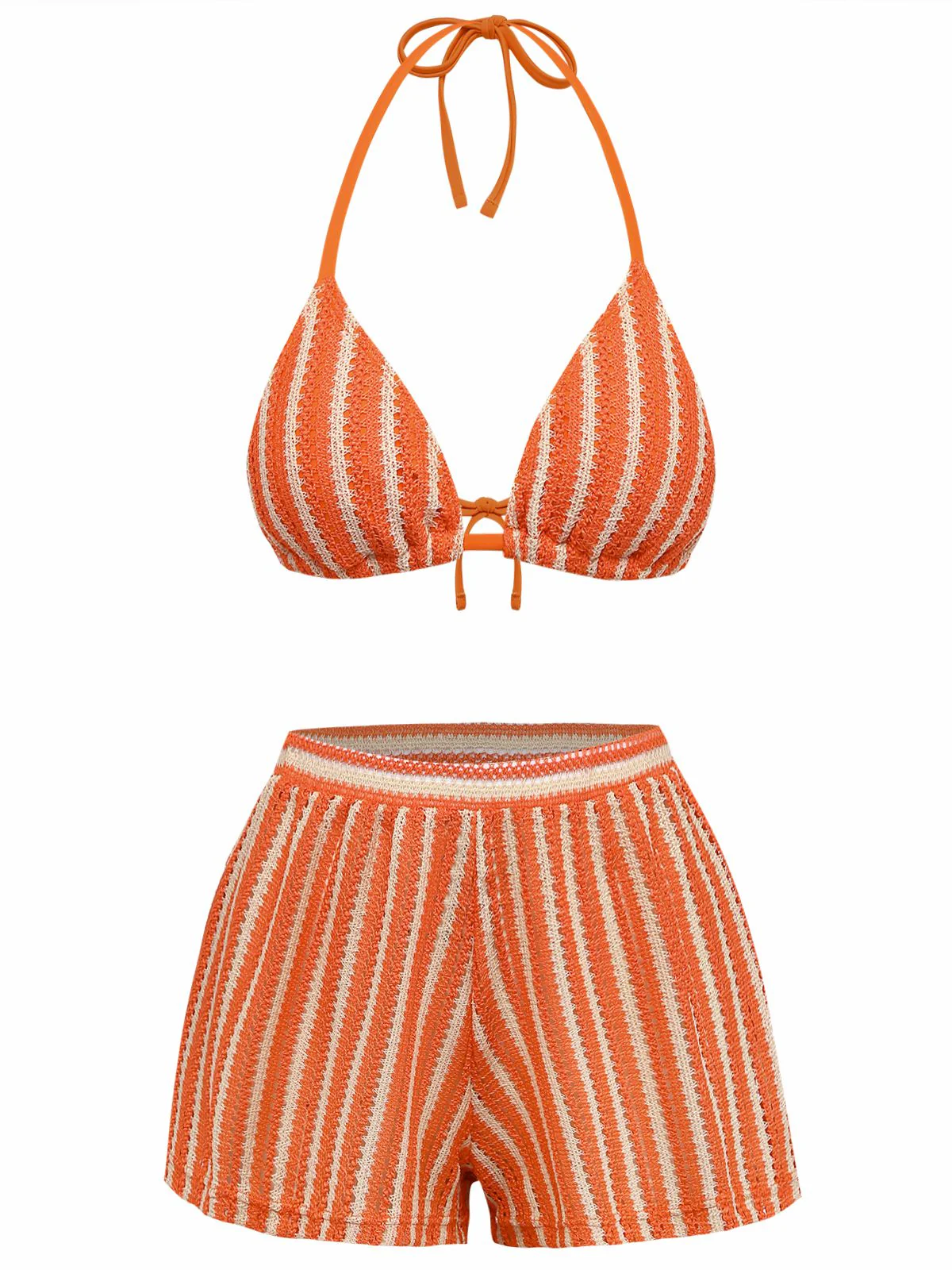 3PCS 1970s Striped Knit Boho Bikini Set & Cover-Up - Image 2