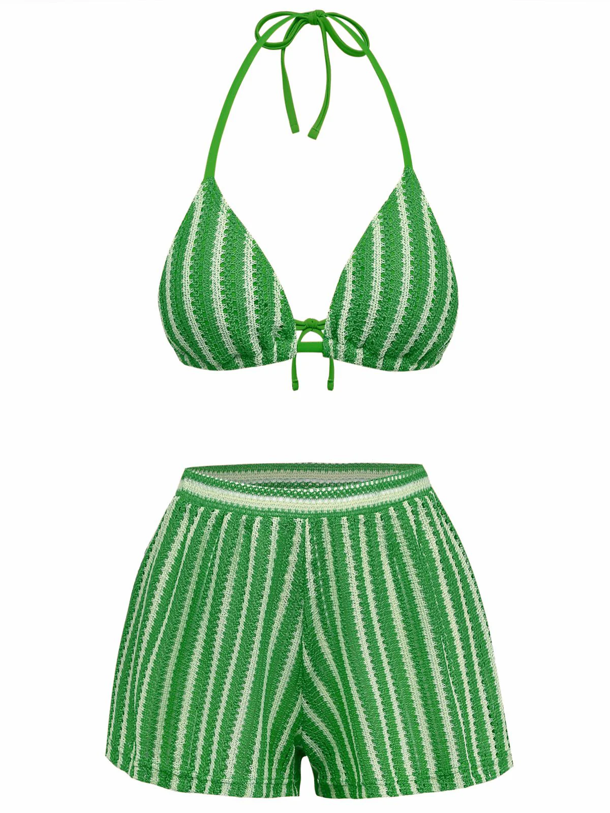 3PCS 1970s Striped Knit Boho Bikini Set & Cover-Up - Image 9