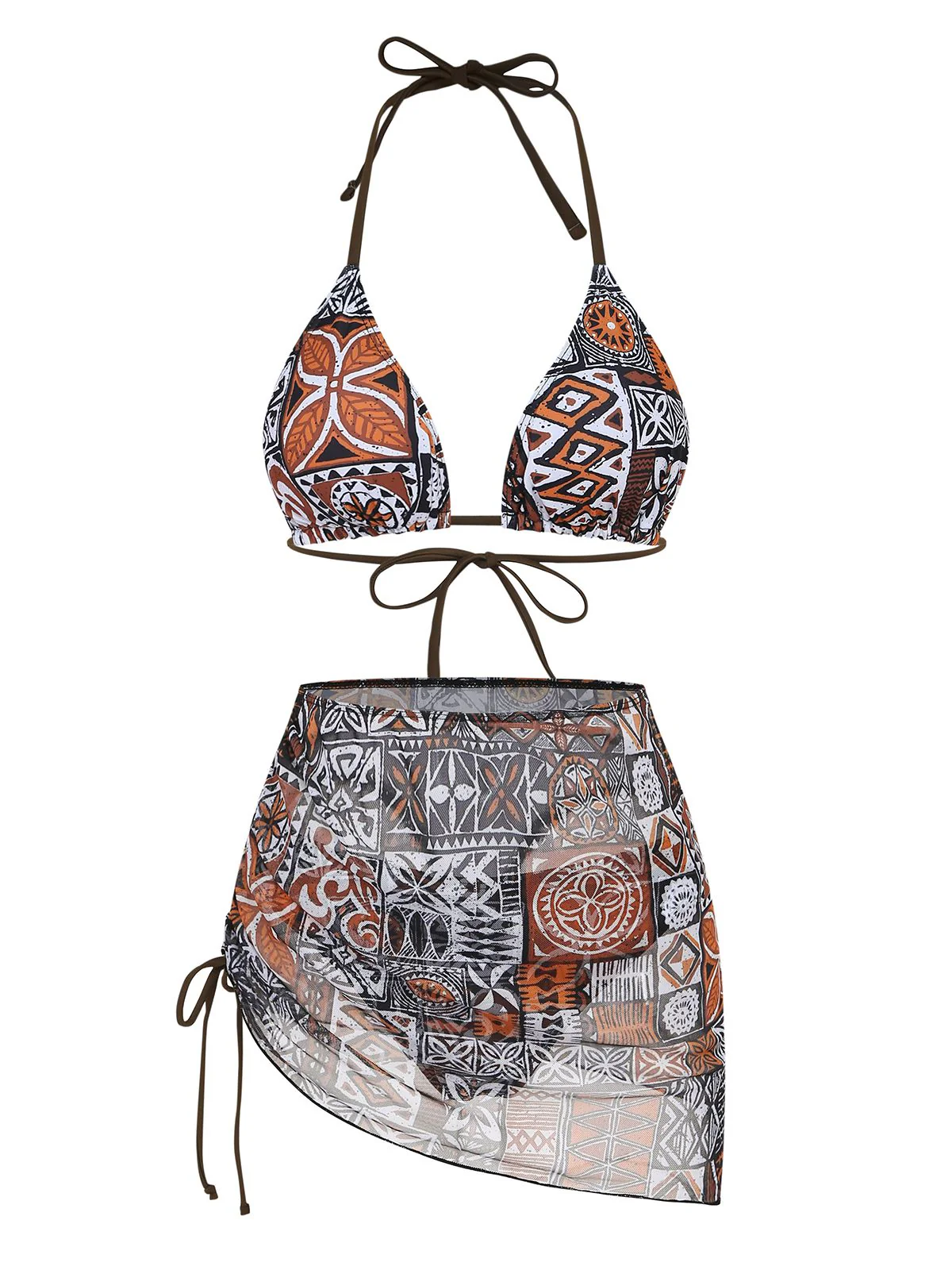 3PCS 1970s Tribal Print Triangle-Strap Bikini Set & Cover-Up - Image 2