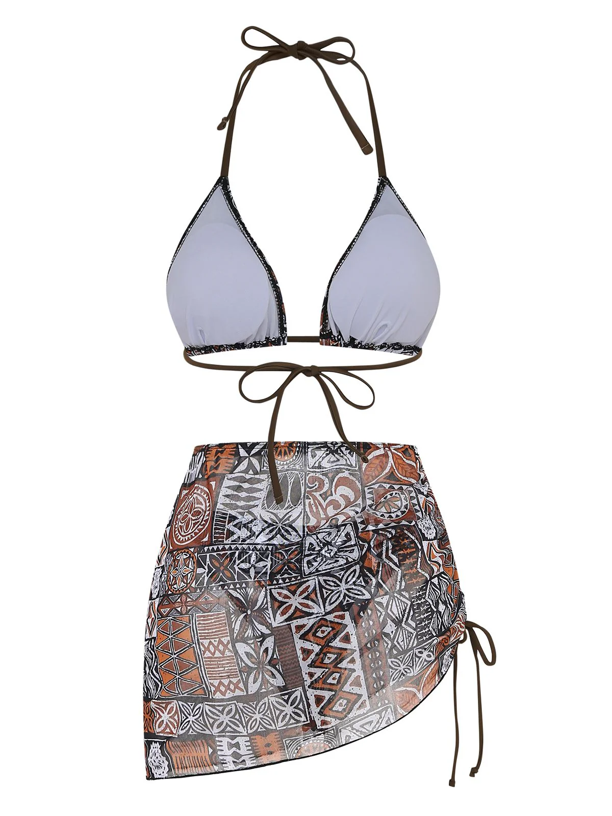 3PCS 1970s Tribal Print Triangle-Strap Bikini Set & Cover-Up - Image 3