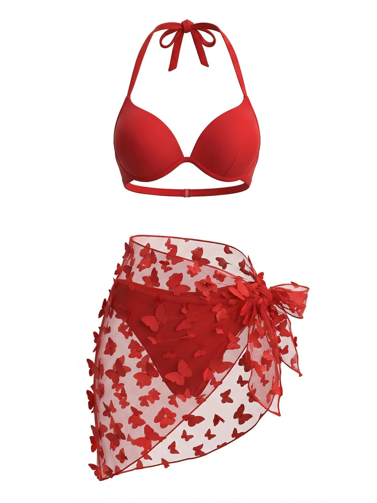 3PCS 1980s Halter Bikini Set & 3D Butterfly Sheer Cover-Up - Image 10