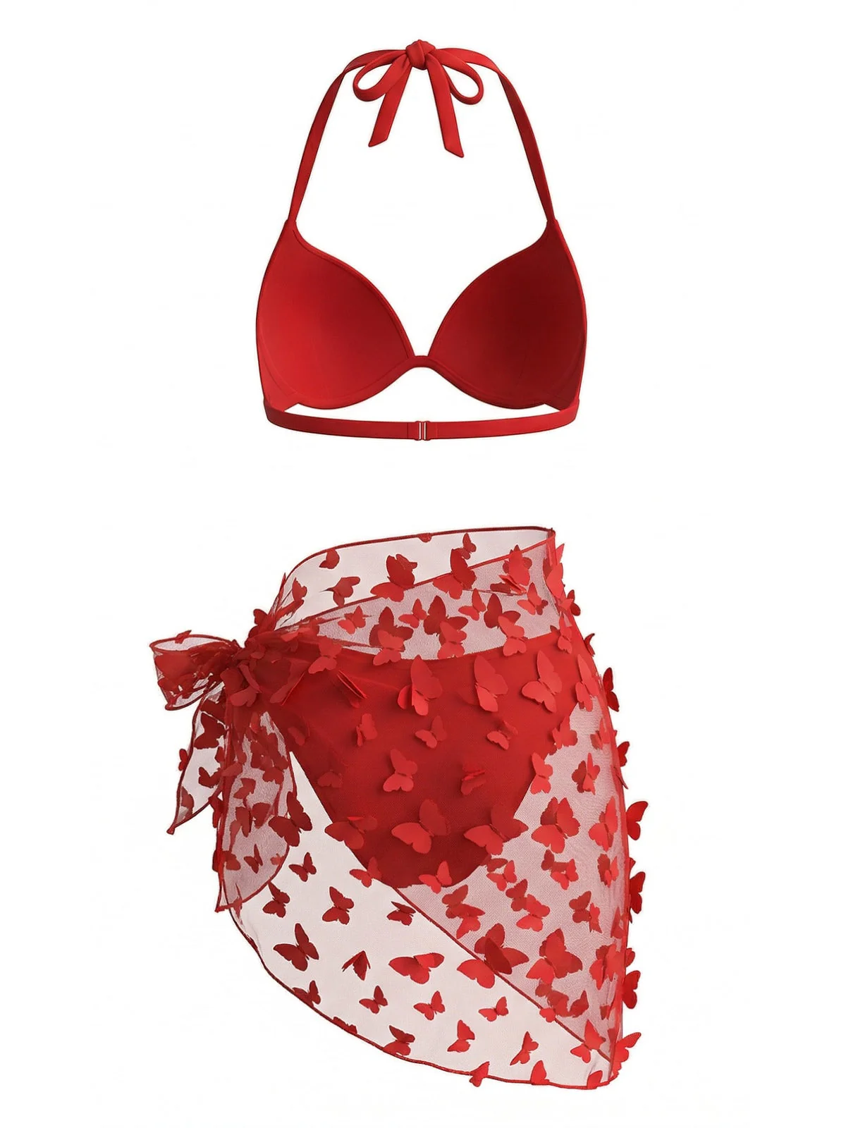 3PCS 1980s Halter Bikini Set & 3D Butterfly Sheer Cover-Up - Image 11